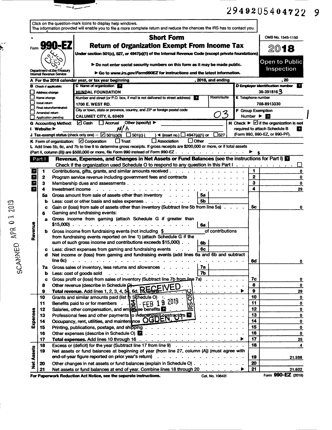 Image of first page of 2018 Form 990EZ for Hundal Foundation