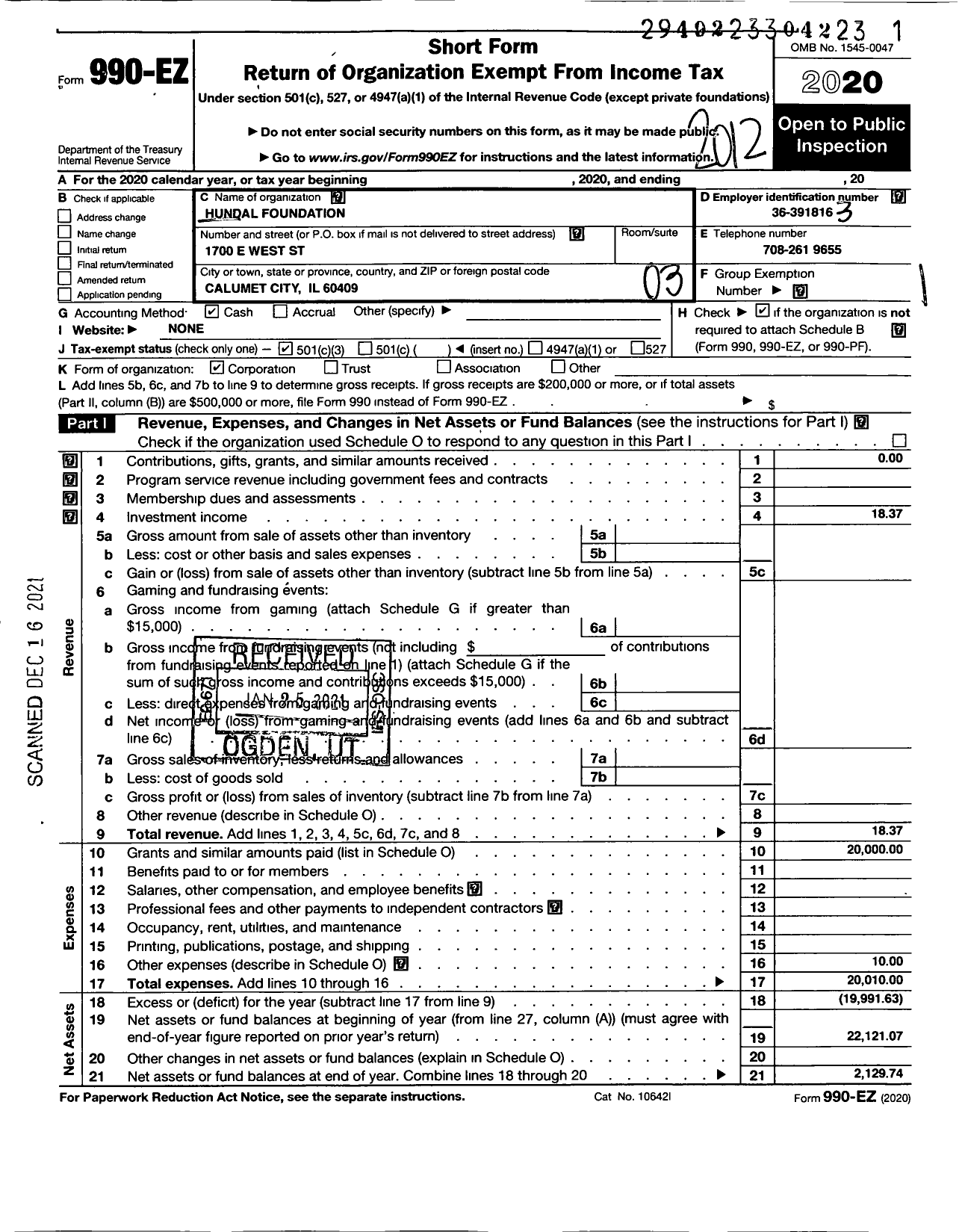 Image of first page of 2020 Form 990EZ for Hundal Foundation