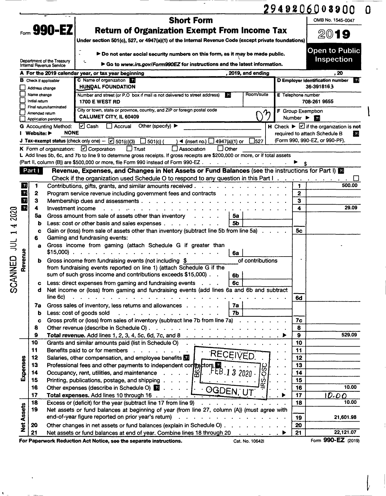 Image of first page of 2019 Form 990EZ for Hundal Foundation