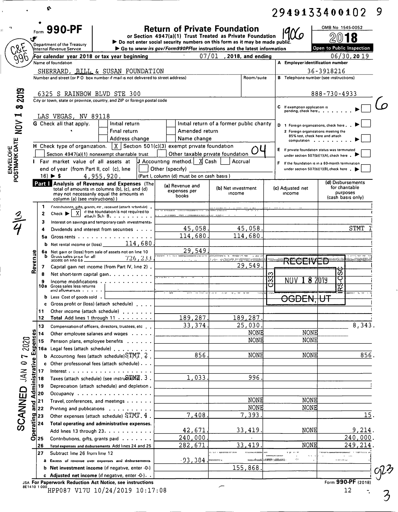 Image of first page of 2018 Form 990PF for Sherrard Bill and Susan Foundation