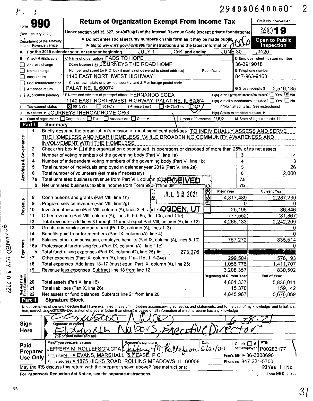 Image of first page of 2019 Form 990 for Journeys the Road Home
