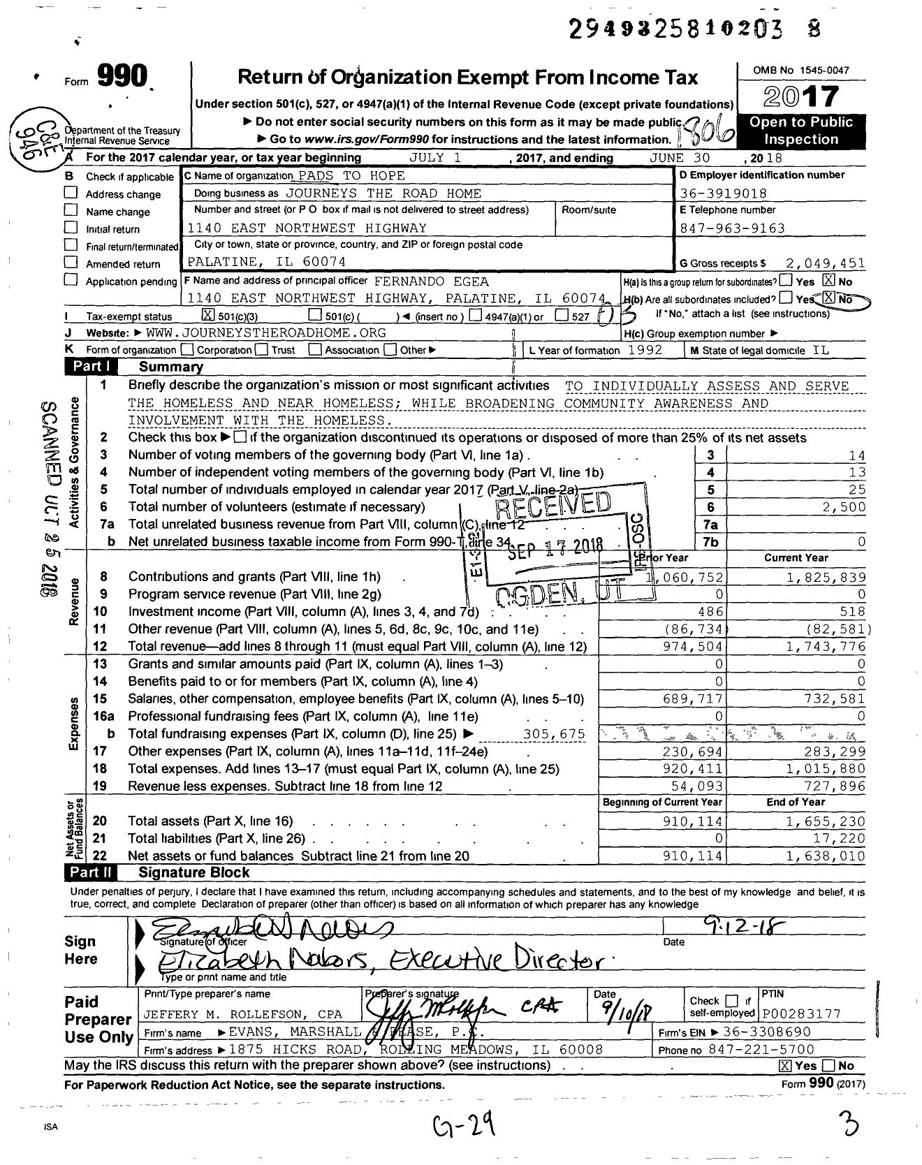 Image of first page of 2017 Form 990 for Journeys the Road Home