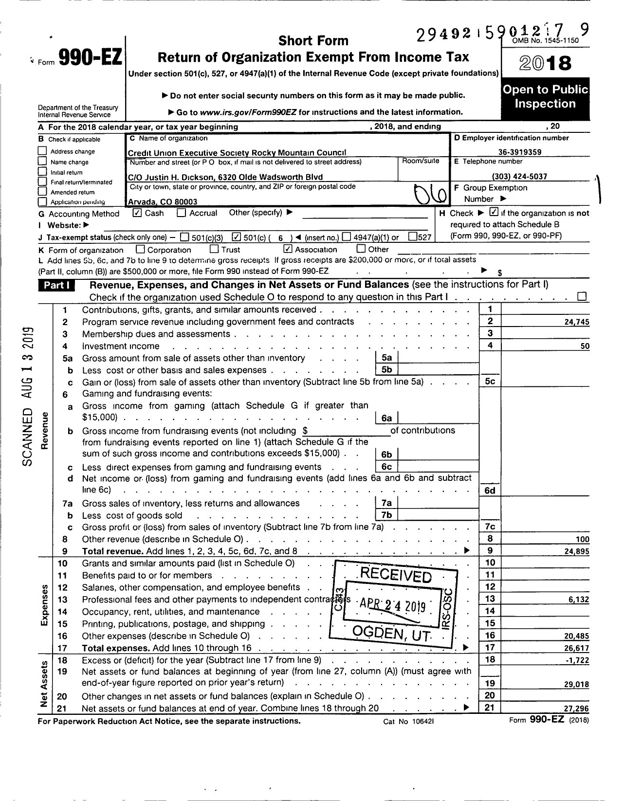 Image of first page of 2018 Form 990EO for Credit Union Executives Society / Rocky Mountain Council