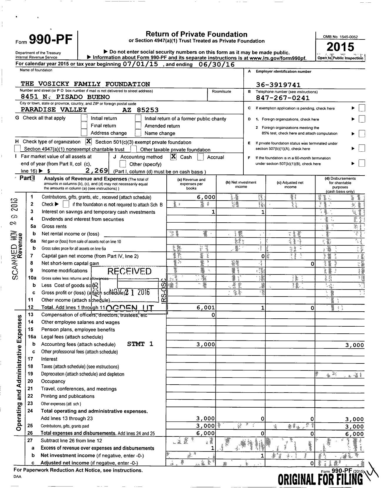 Image of first page of 2015 Form 990PF for Vosicky Family Foundation