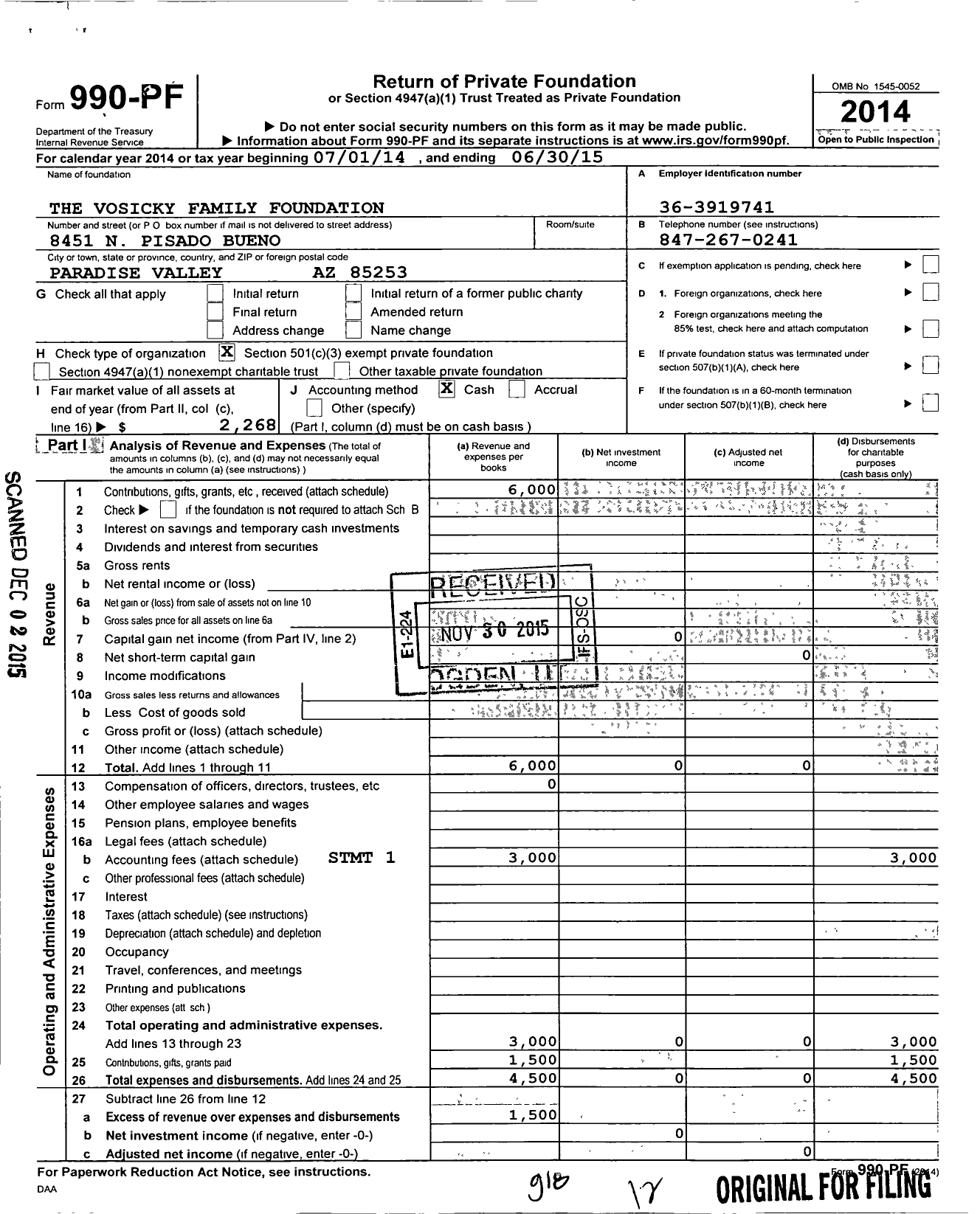 Image of first page of 2014 Form 990PF for Vosicky Family Foundation