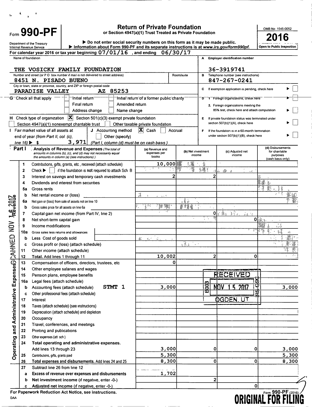 Image of first page of 2016 Form 990PF for Vosicky Family Foundation