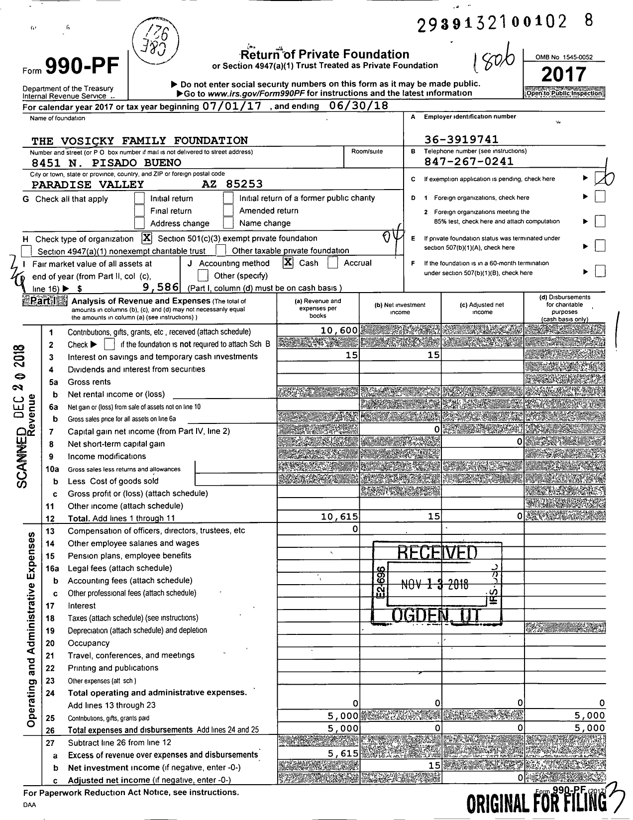 Image of first page of 2017 Form 990PF for Vosicky Family Foundation