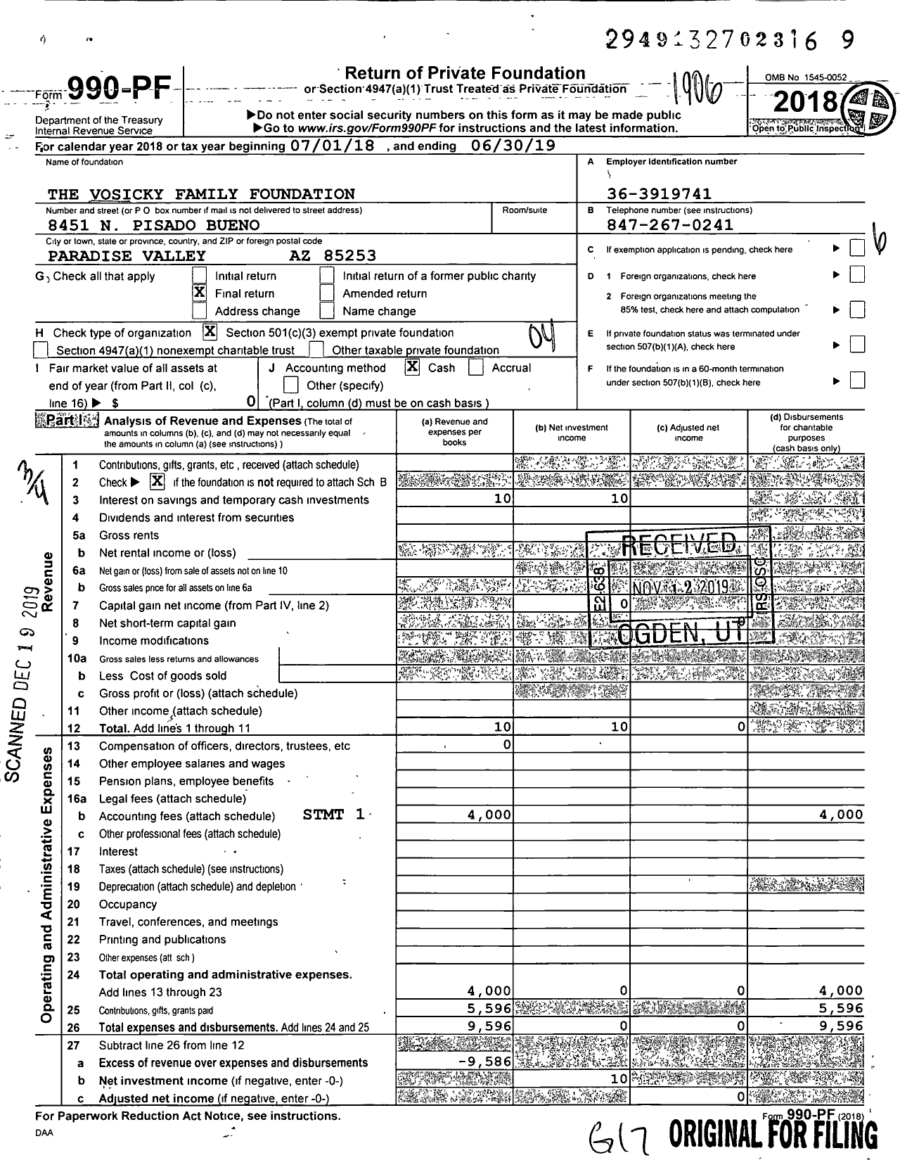 Image of first page of 2018 Form 990PF for Vosicky Family Foundation