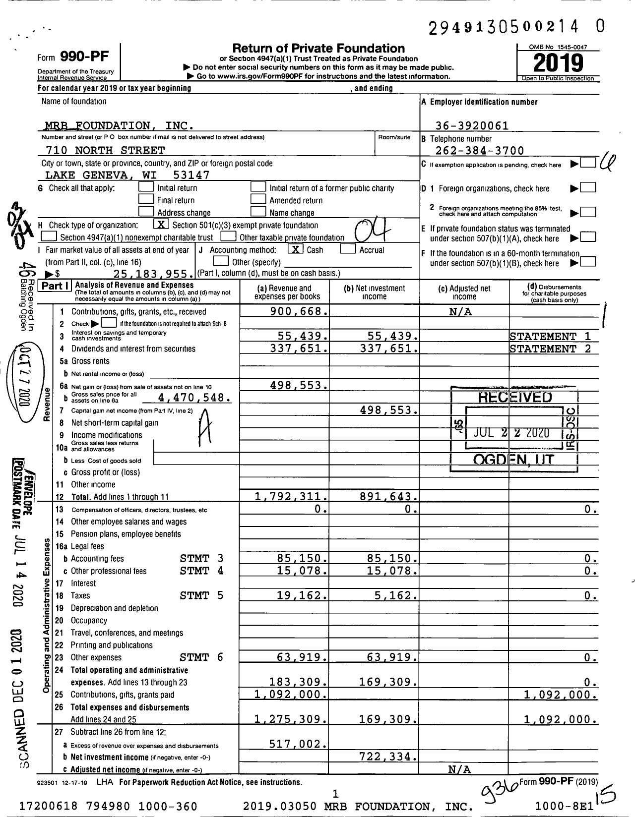 Image of first page of 2019 Form 990PF for MRB Foundation