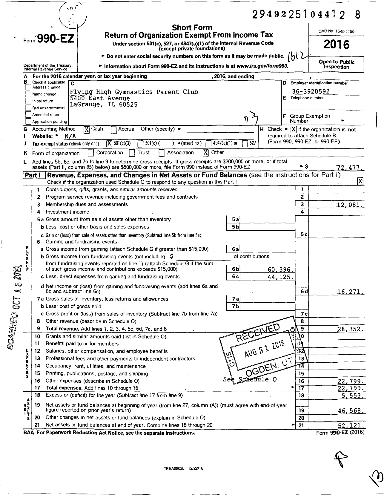 Image of first page of 2016 Form 990EZ for Flying High Gymnastics Parent Club