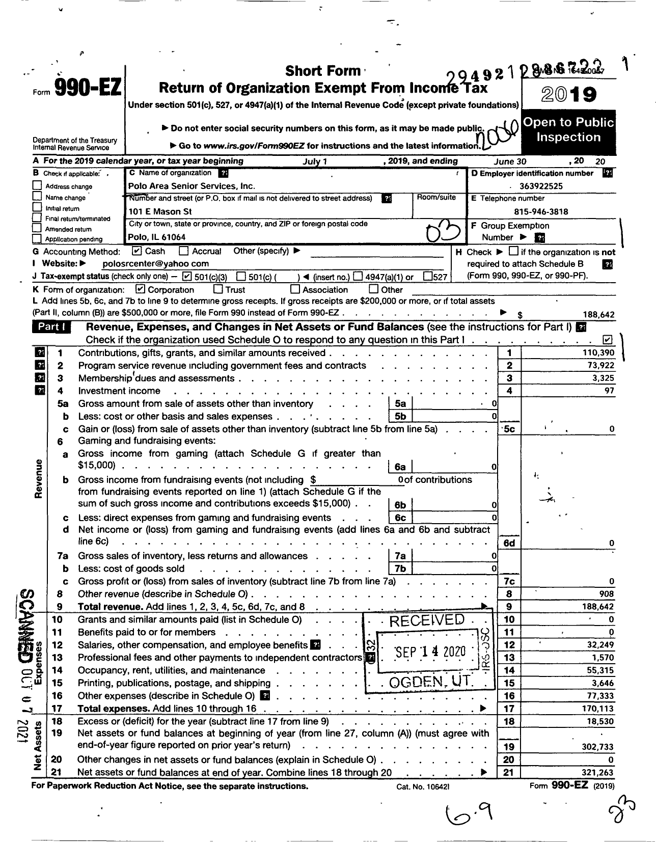 Image of first page of 2019 Form 990EZ for Polo Area Senior Services