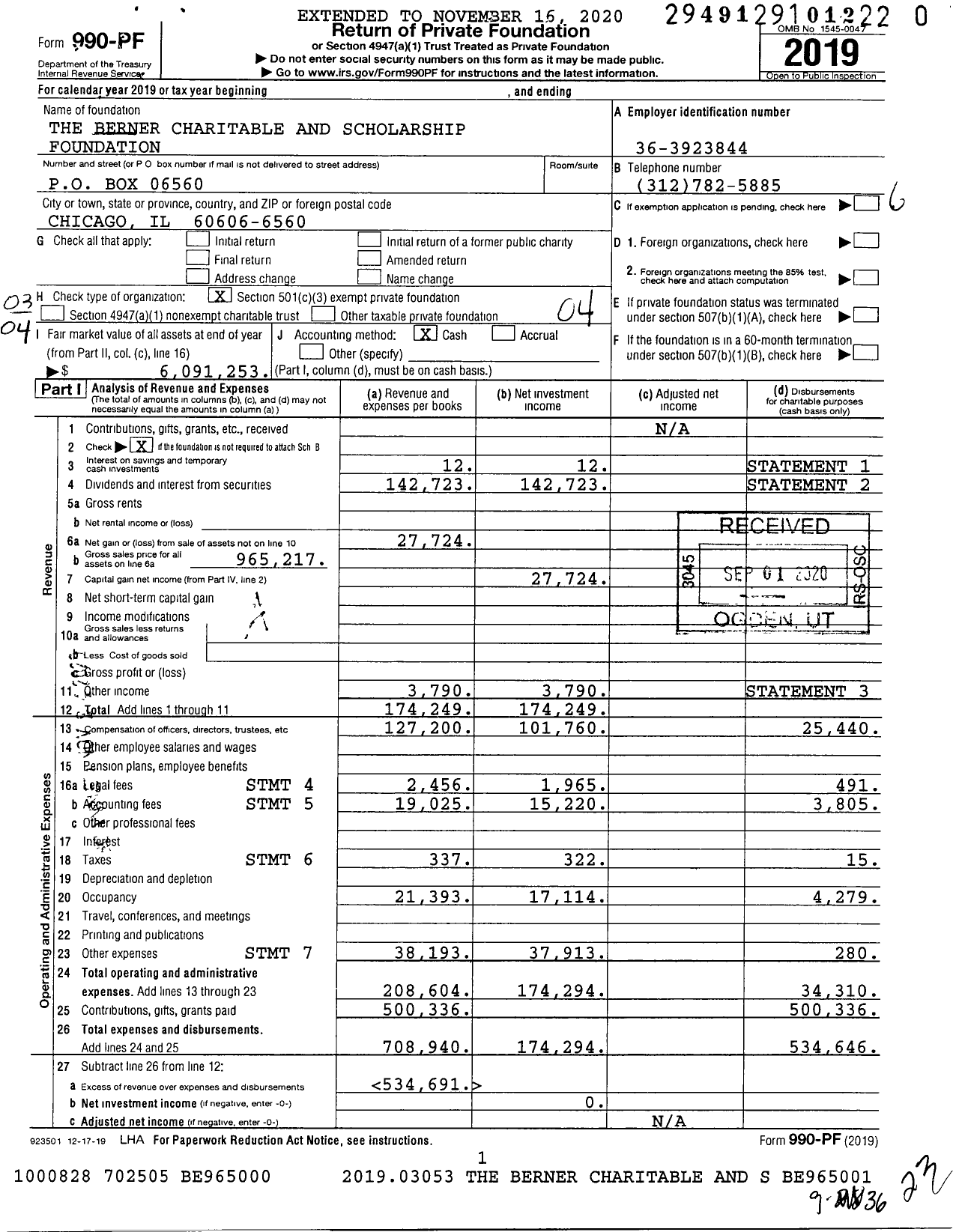 Image of first page of 2019 Form 990PF for The Berner Charitable and Scholarship Foundation
