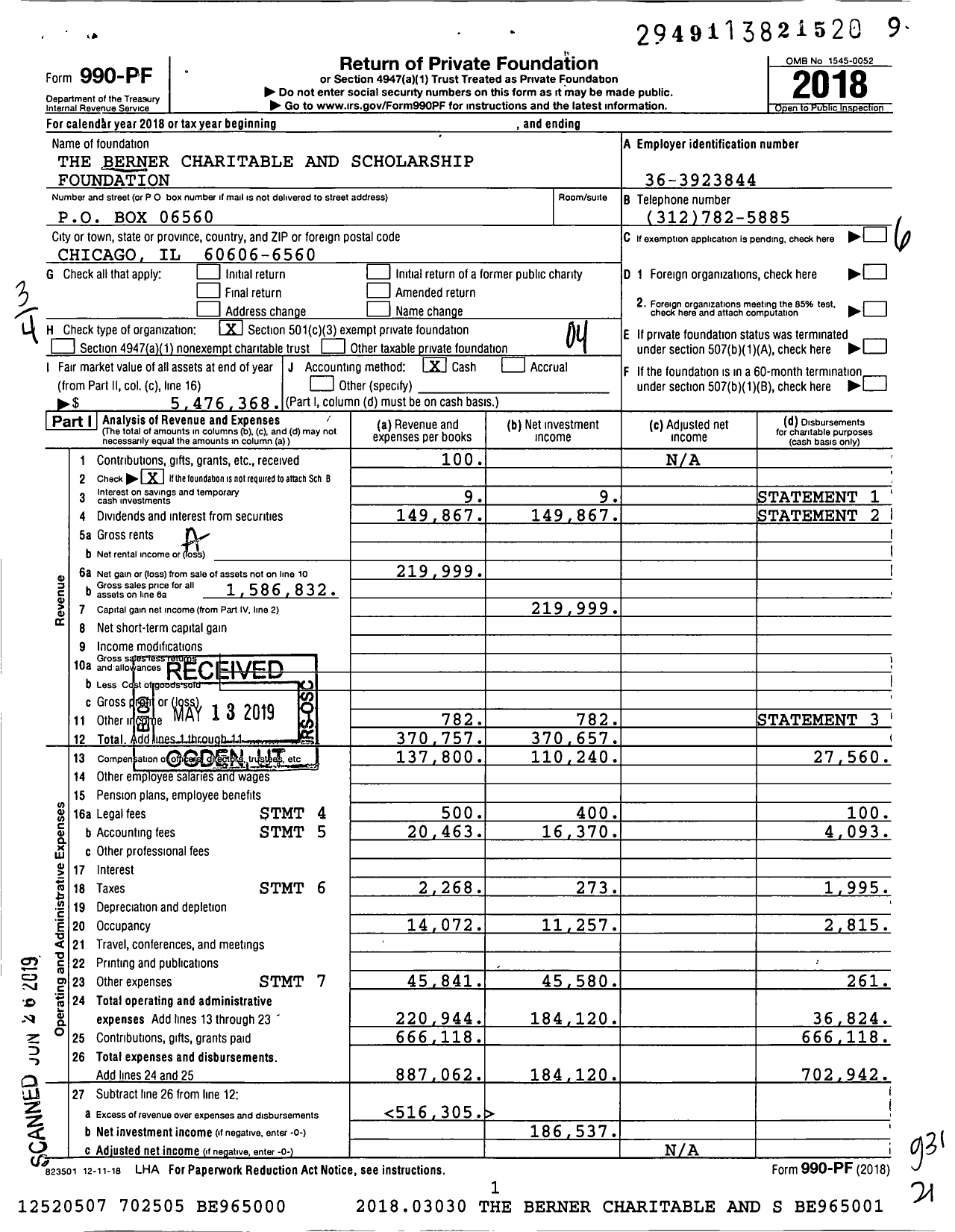Image of first page of 2018 Form 990PF for The Berner Charitable and Scholarship Foundation