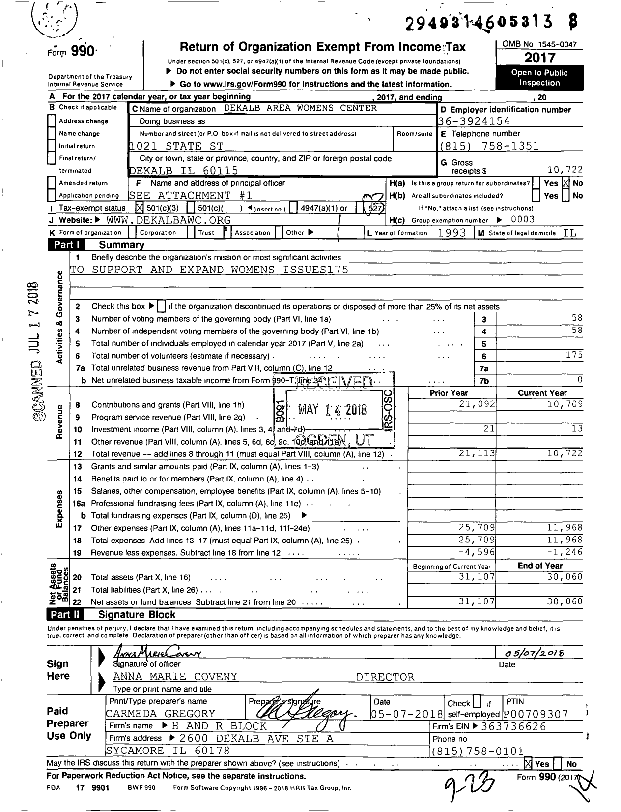 Image of first page of 2017 Form 990 for Dekalb Area Womens Center