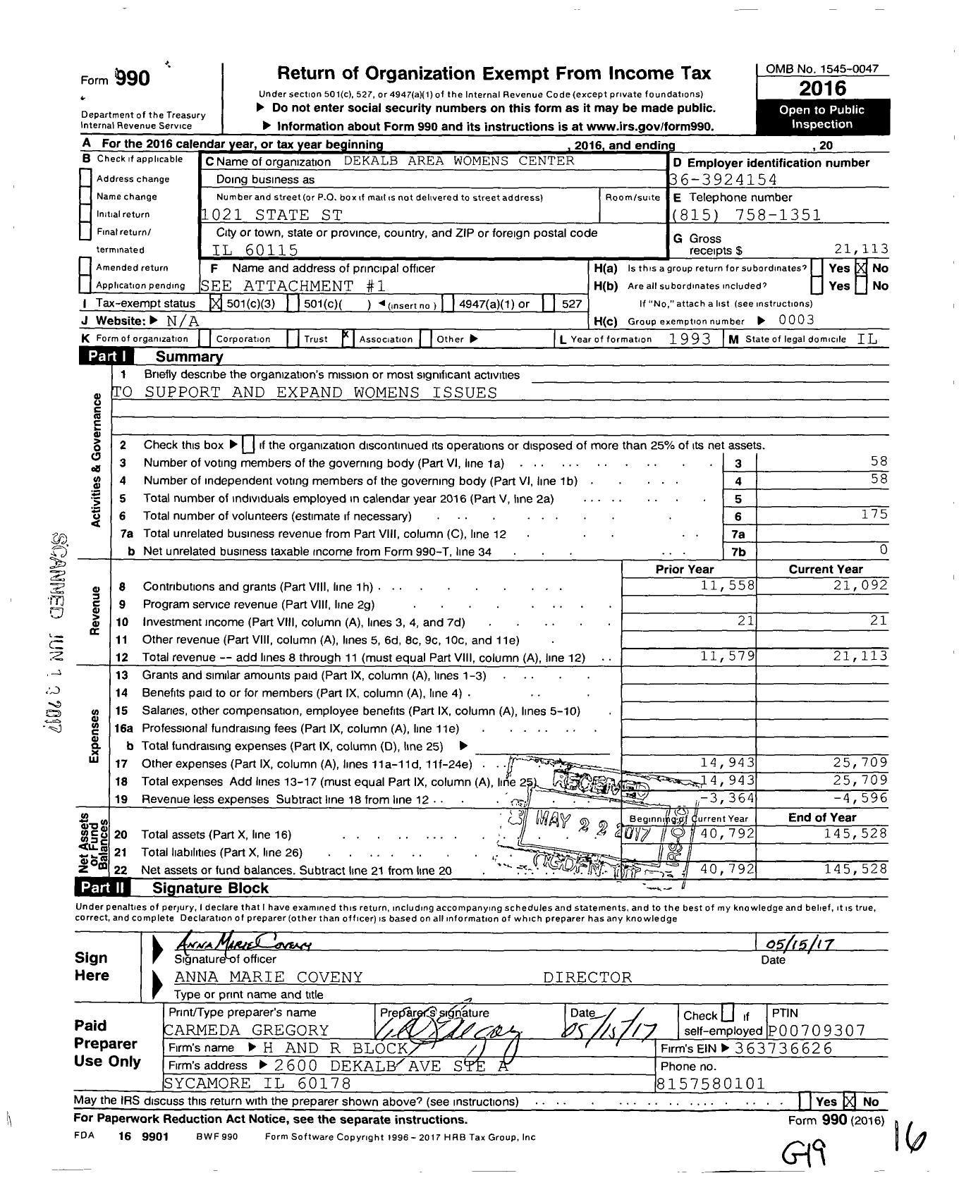 Image of first page of 2016 Form 990 for Dekalb Area Womens Center