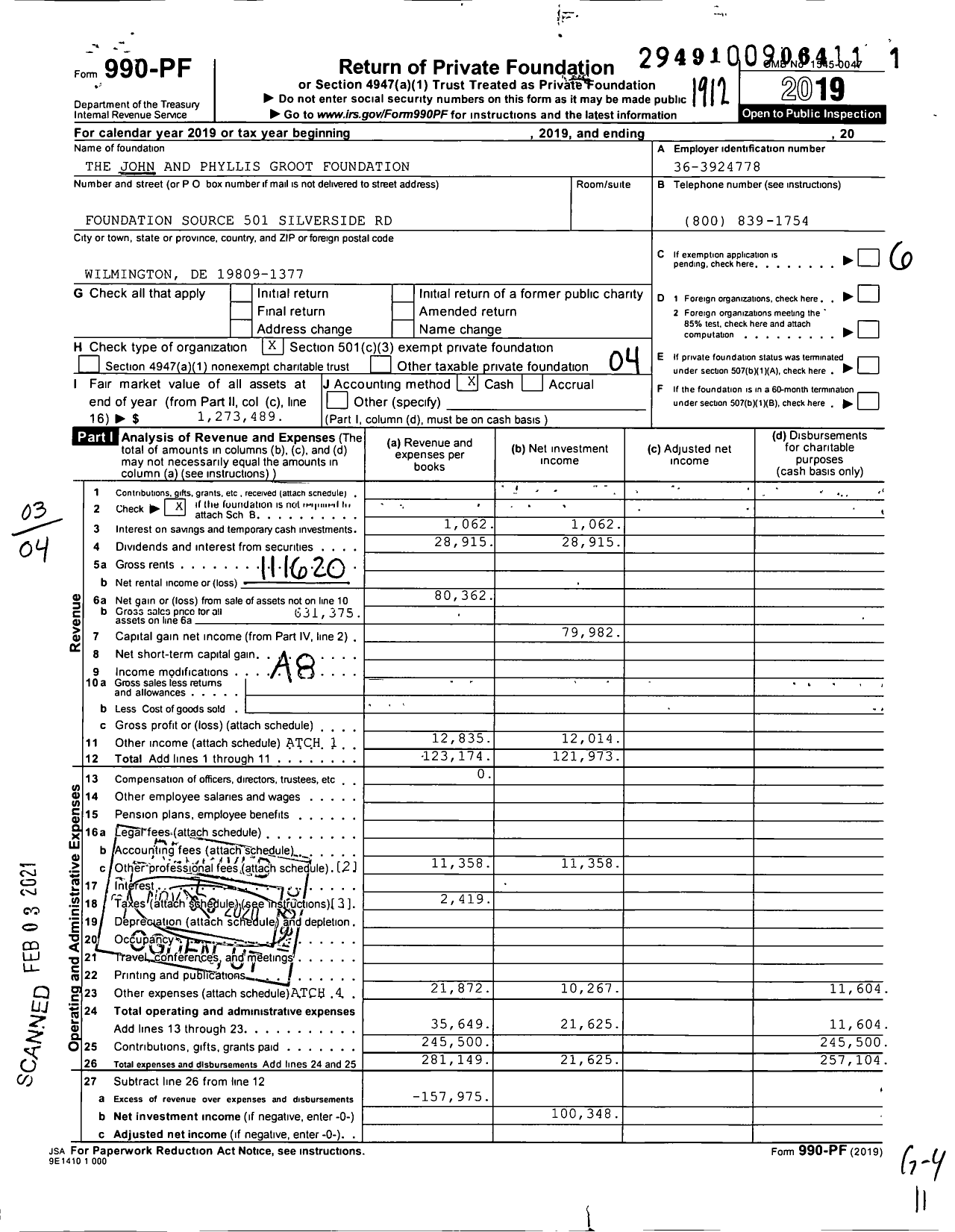 Image of first page of 2019 Form 990PF for The John and Phyllis Groot Foundation