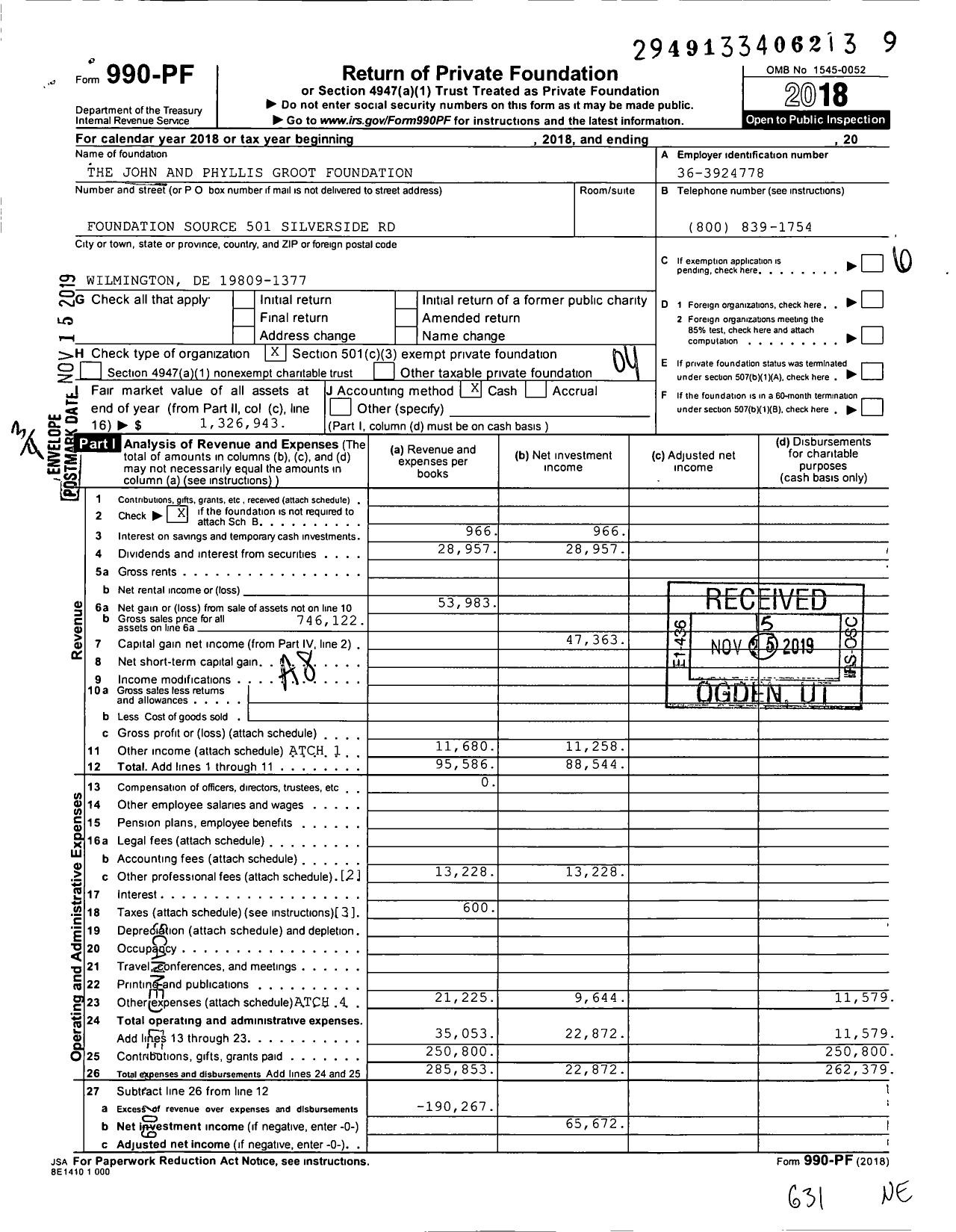 Image of first page of 2018 Form 990PF for The John and Phyllis Groot Foundation