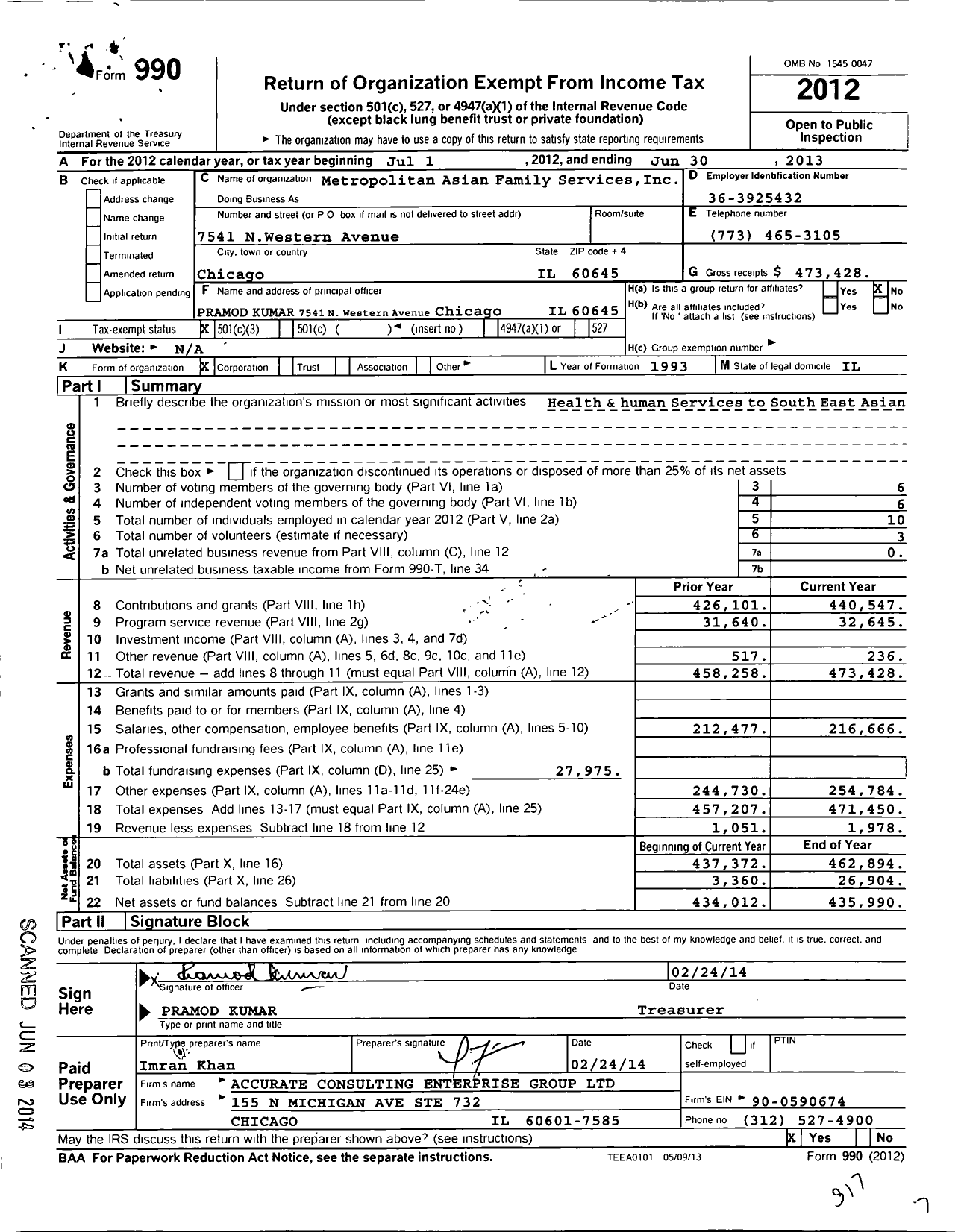 Image of first page of 2012 Form 990 for Metropolitan Asian Family Services