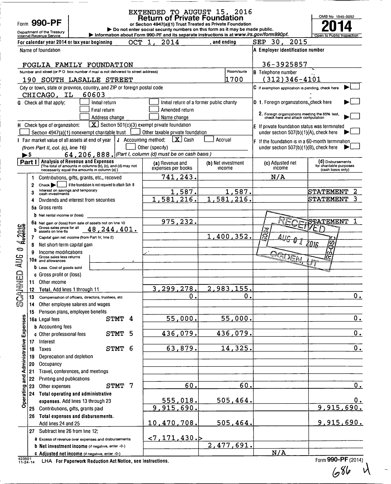 Image of first page of 2014 Form 990PF for Foglia Family Foundation