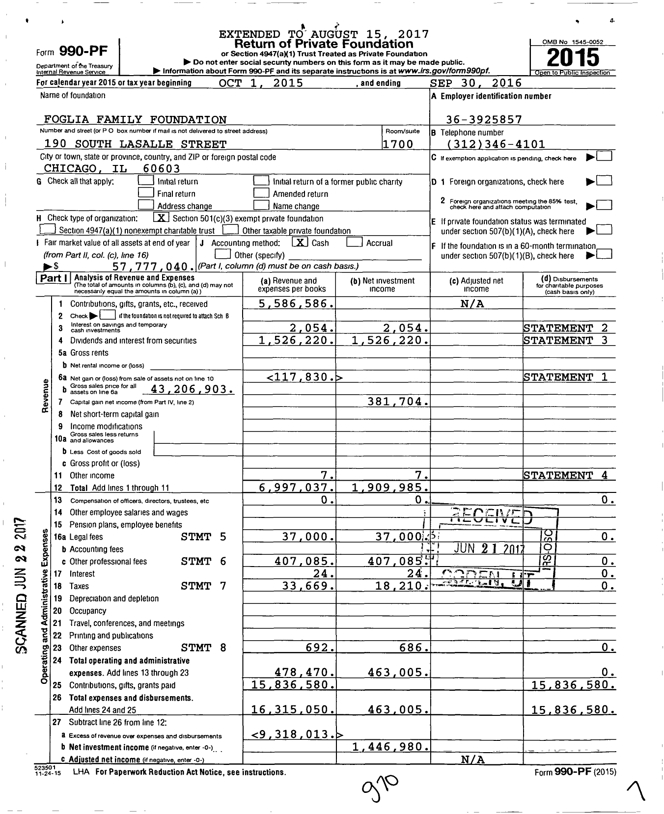 Image of first page of 2015 Form 990PF for Foglia Family Foundation