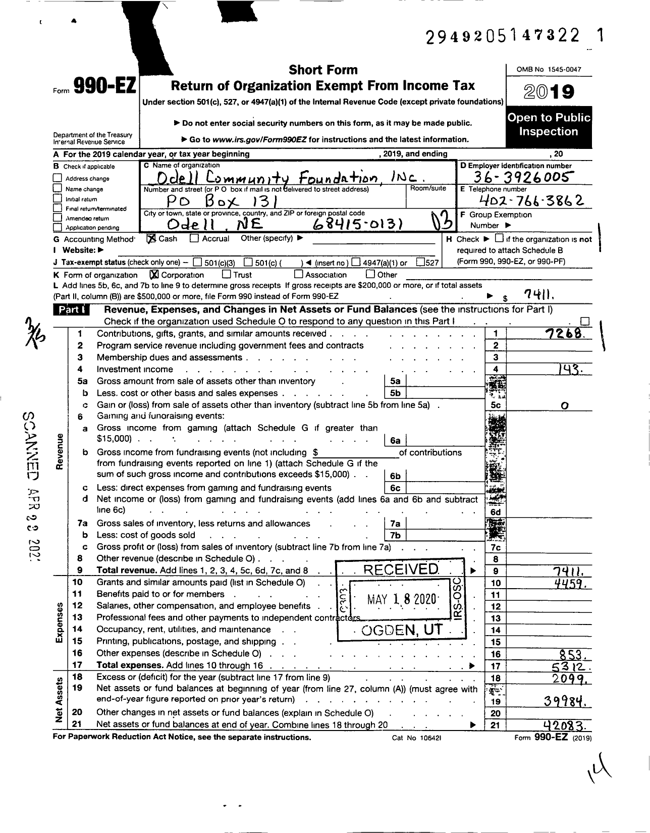 Image of first page of 2019 Form 990EZ for Odell Community Foundation