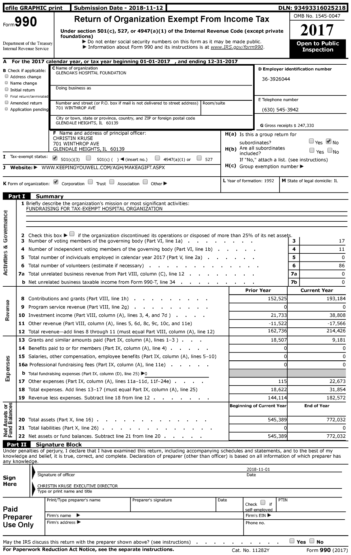 Image of first page of 2017 Form 990 for Glenoaks Hospital Foundation