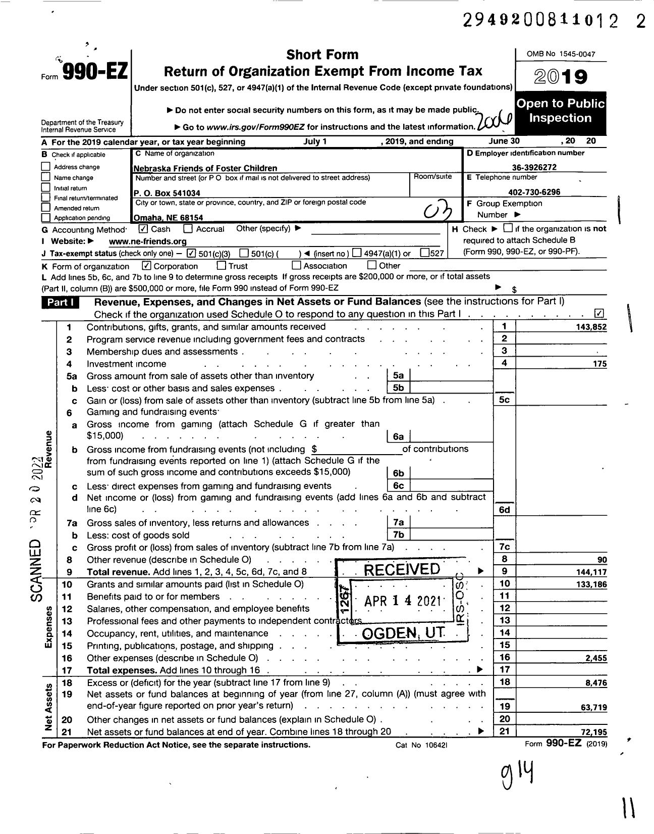 Image of first page of 2019 Form 990EZ for Nebraska Friends of Foster Children Foundation