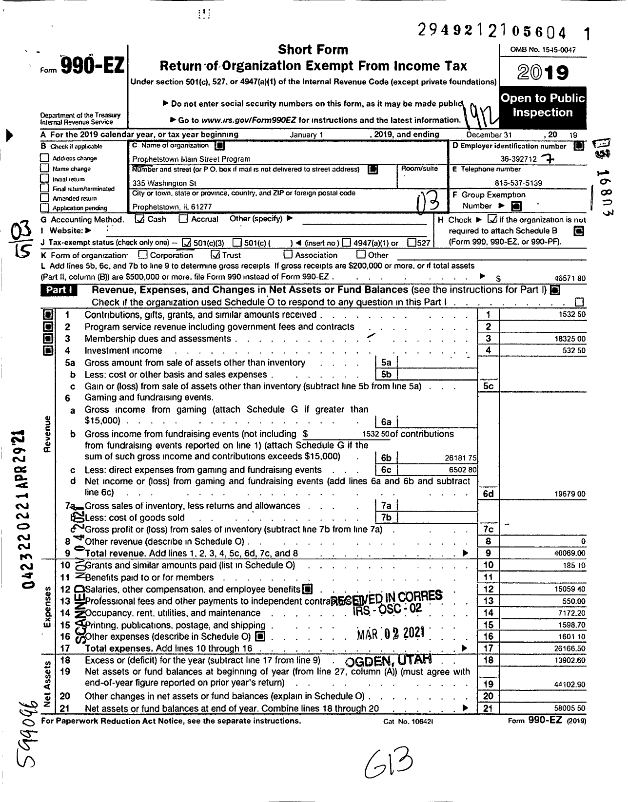 Image of first page of 2019 Form 990EZ for Prophetstown Main Street Program