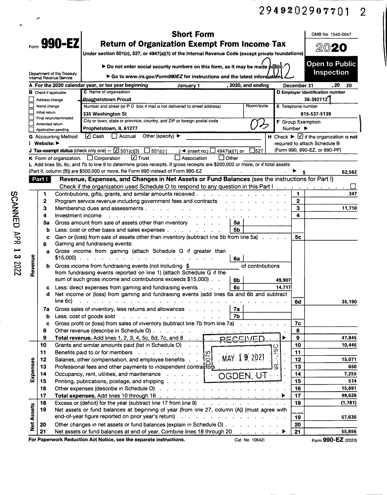 Image of first page of 2020 Form 990EZ for Prophetstown Main Street Program