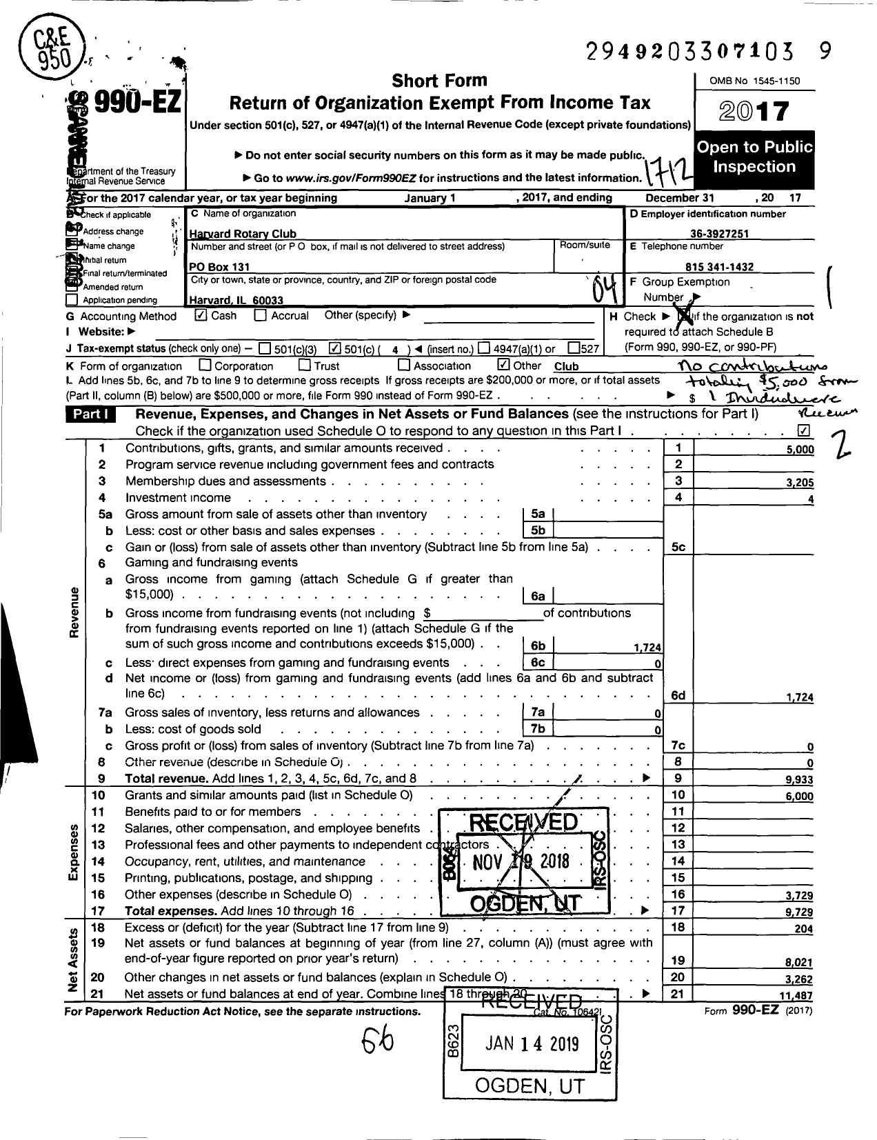 Image of first page of 2017 Form 990EO for Harvard Rotary Club