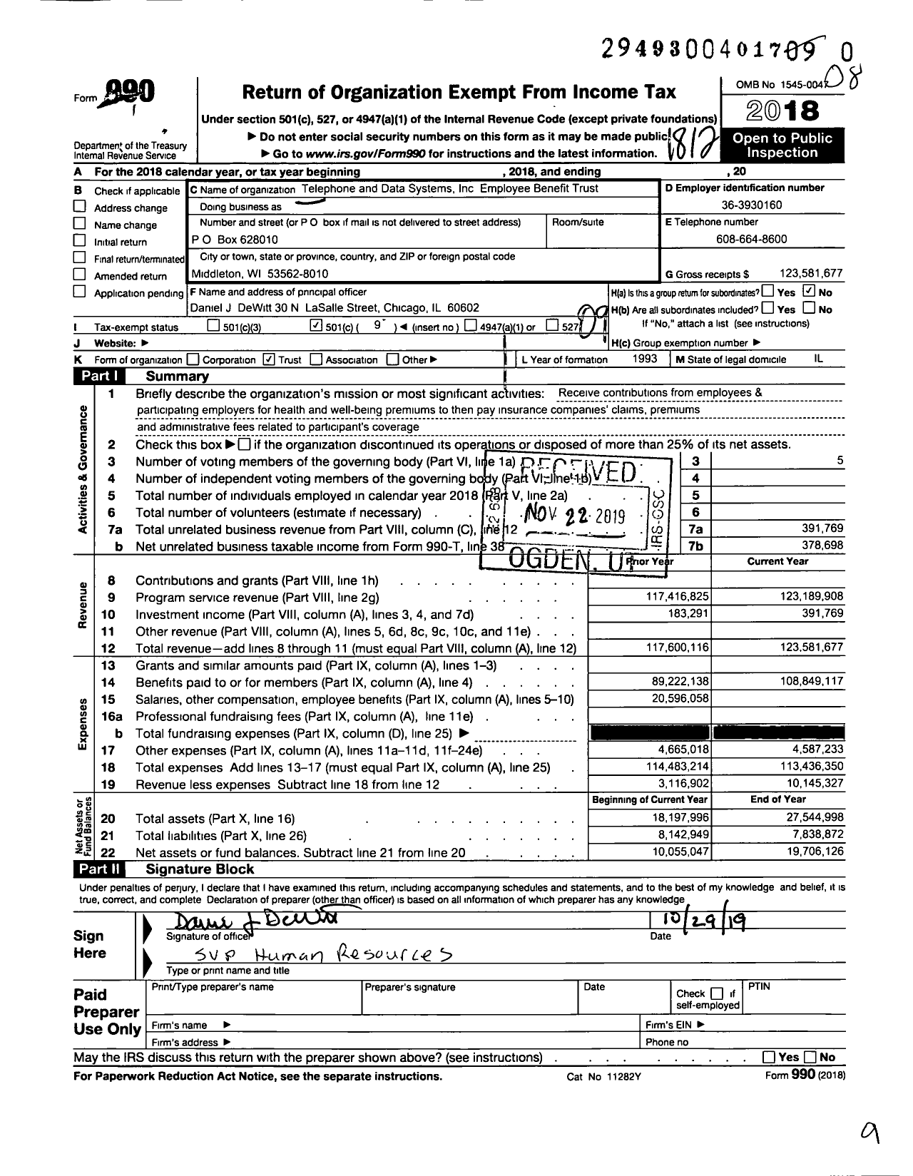 Image of first page of 2018 Form 990O for Telephone and Data Systems Employee Benefit Trust