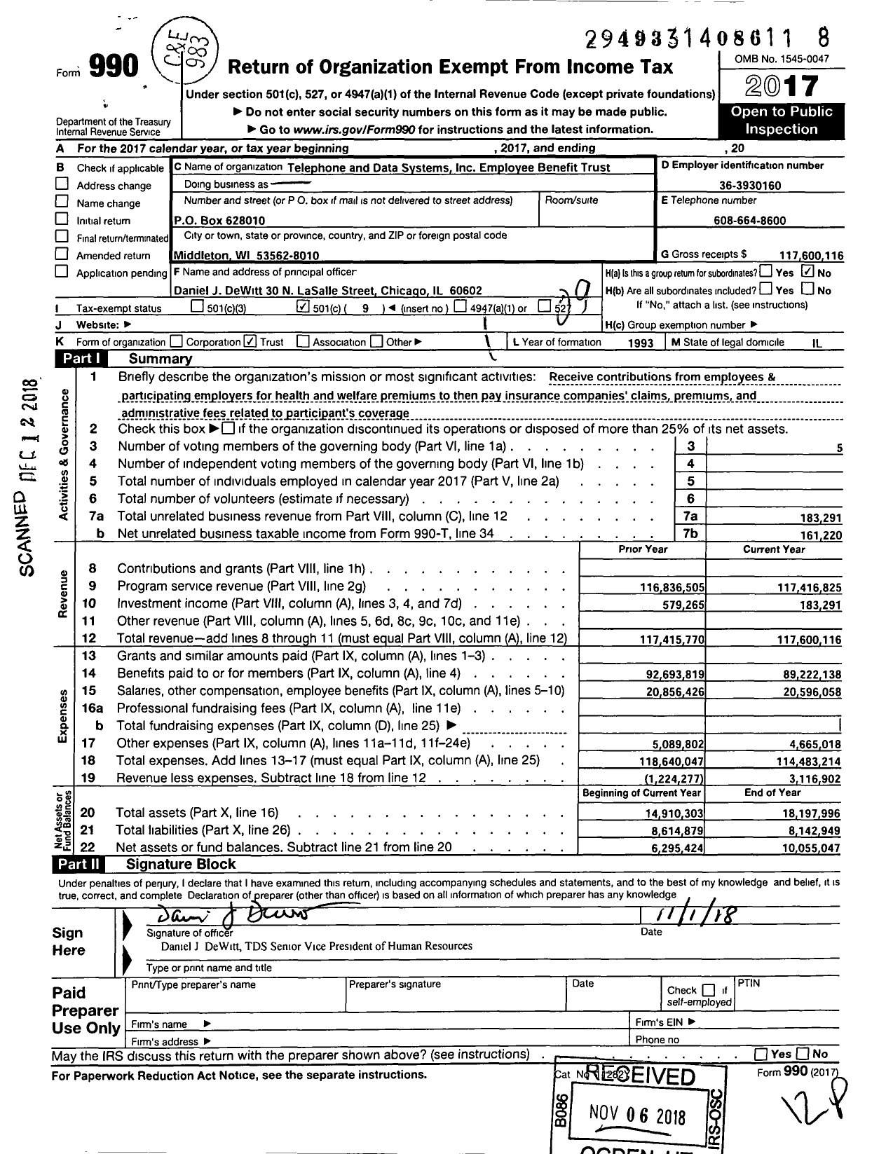 Image of first page of 2017 Form 990O for Telephone and Data Systems Employee Benefit Trust