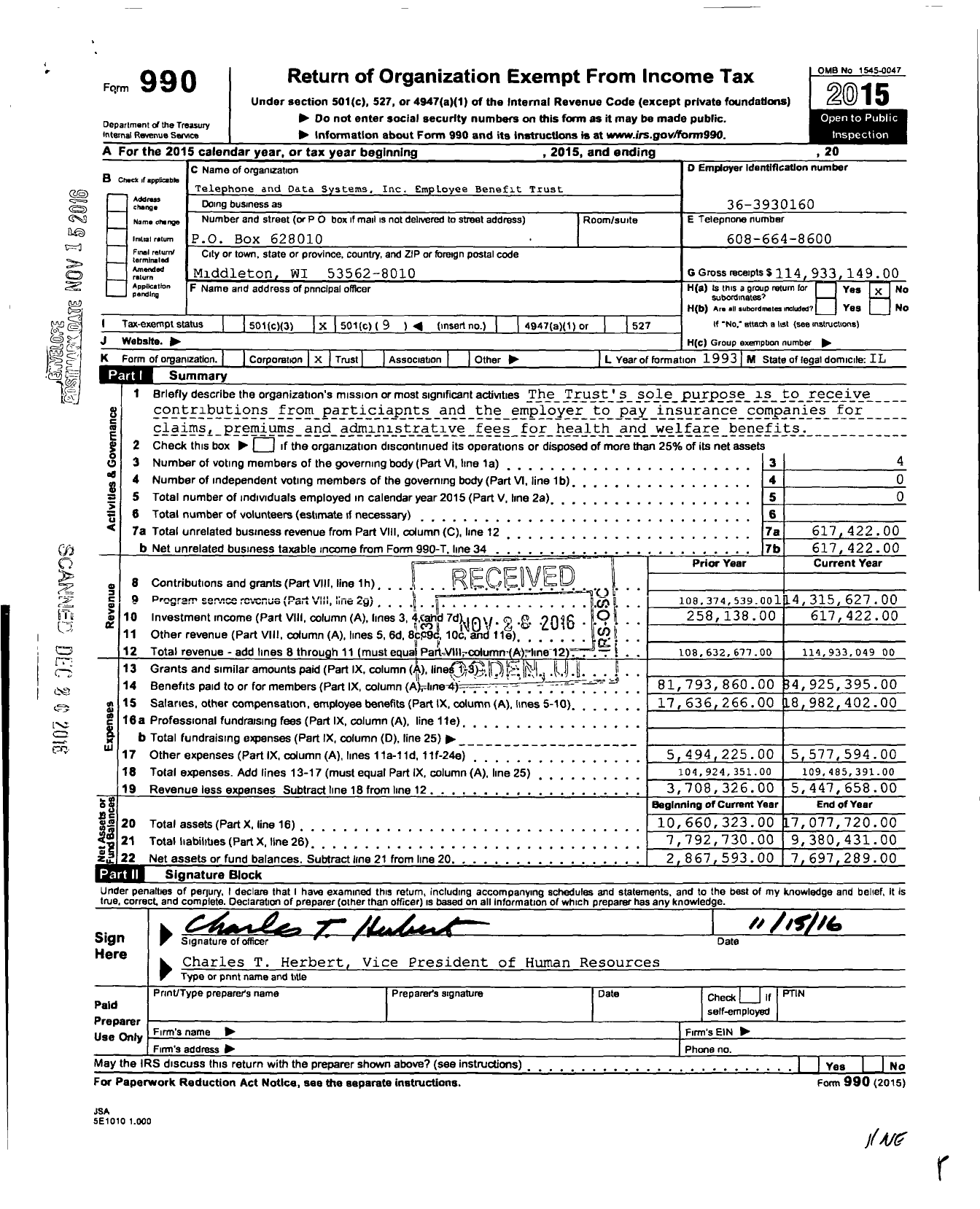 Image of first page of 2015 Form 990O for Telephone and Data Systems Employee Benefit Trust