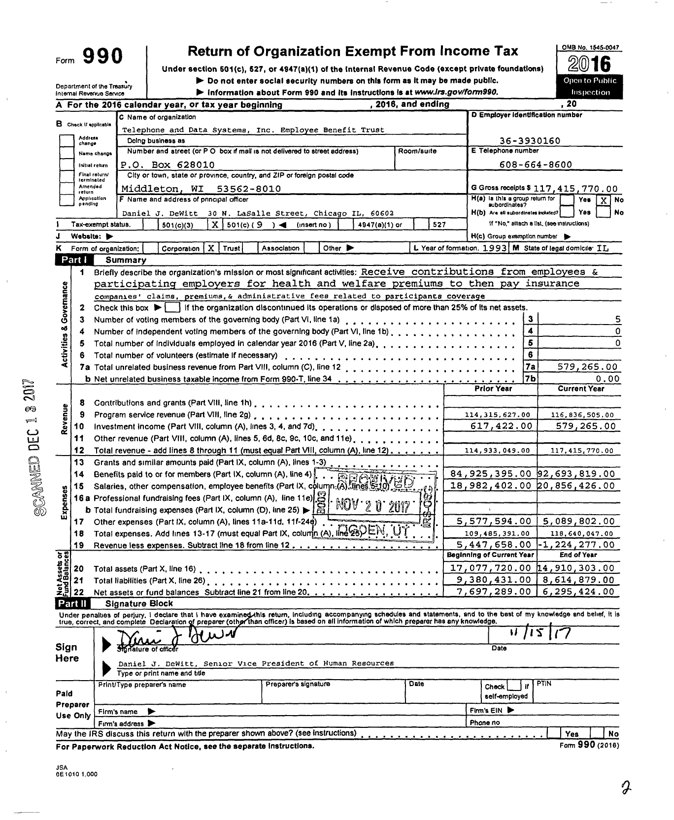 Image of first page of 2016 Form 990O for Telephone and Data Systems Employee Benefit Trust