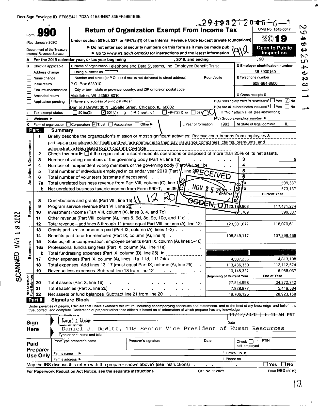 Image of first page of 2019 Form 990O for Telephone and Data Systems Employee Benefit Trust