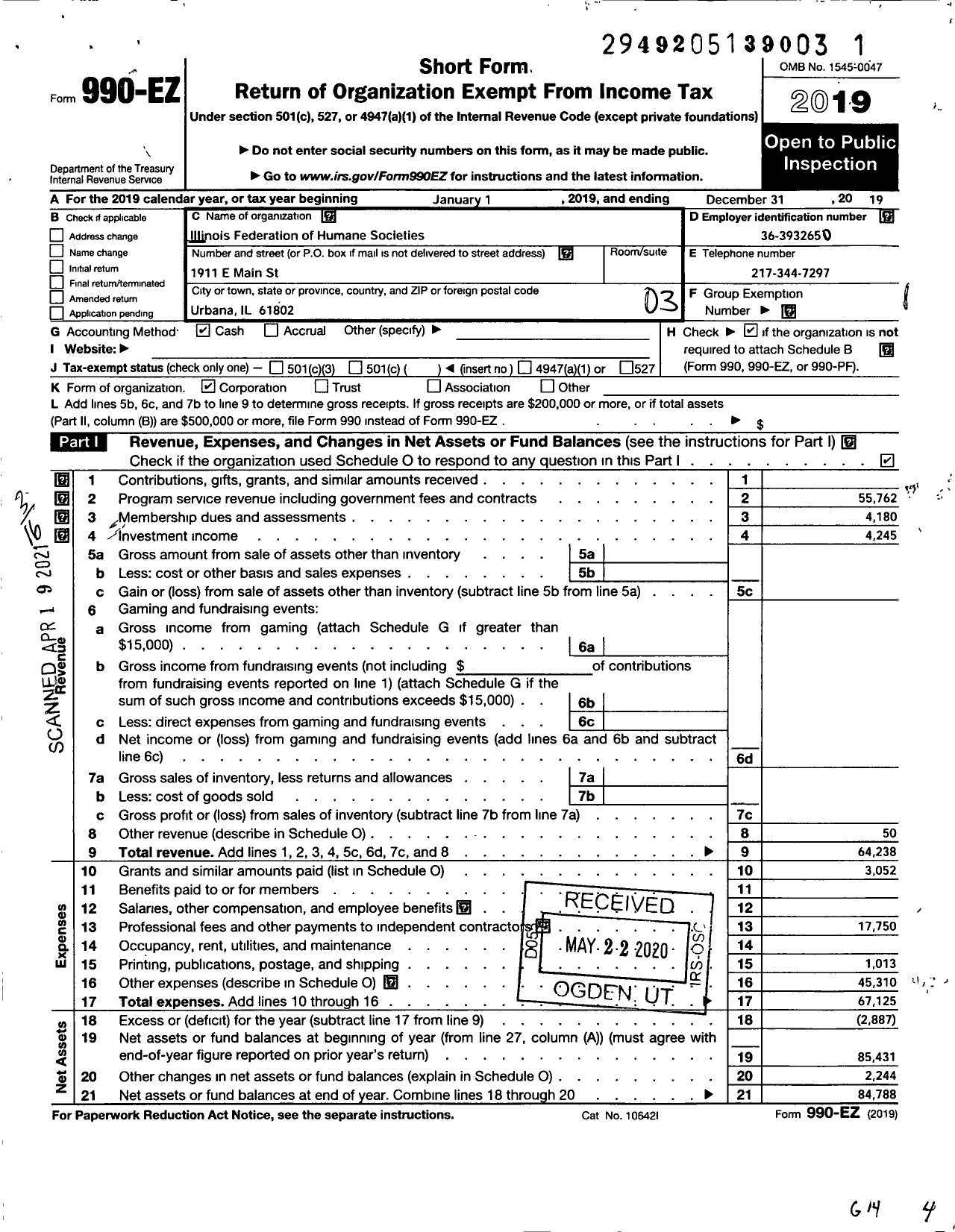 Image of first page of 2019 Form 990EZ for Illinois Federation of Humane Societies