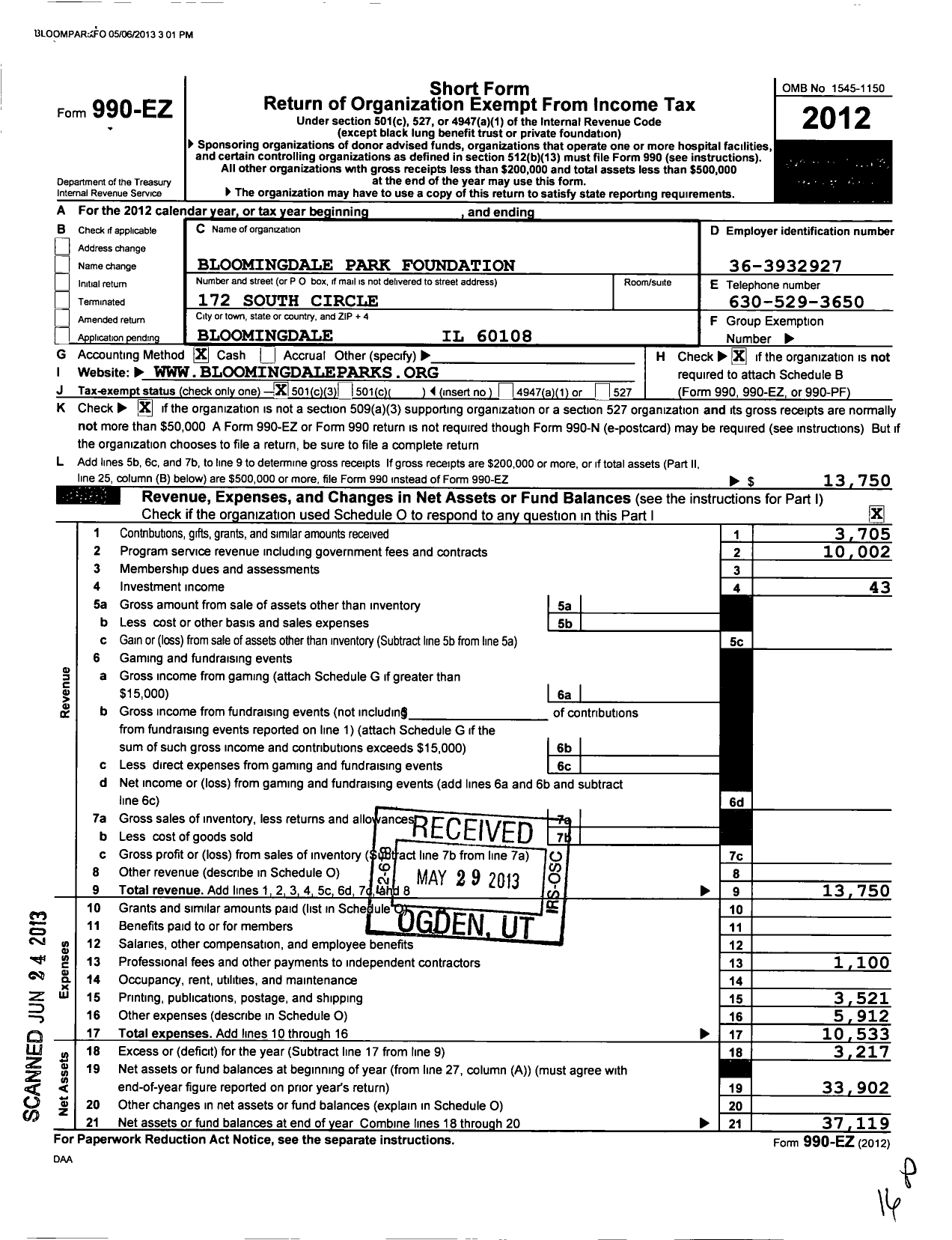 Image of first page of 2012 Form 990EZ for Bloomingdale Park Foundation