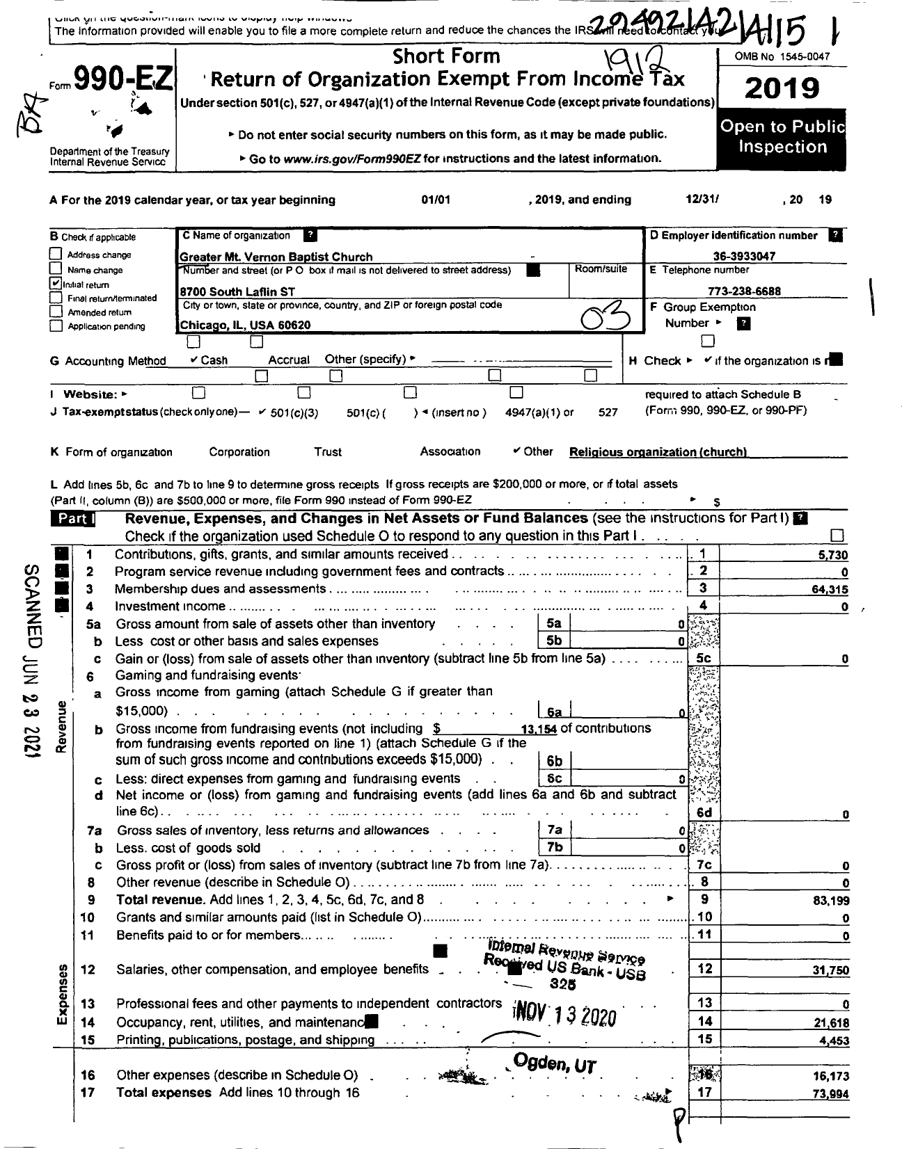 Image of first page of 2019 Form 990EZ for Greater MT Vernon Baptists Church