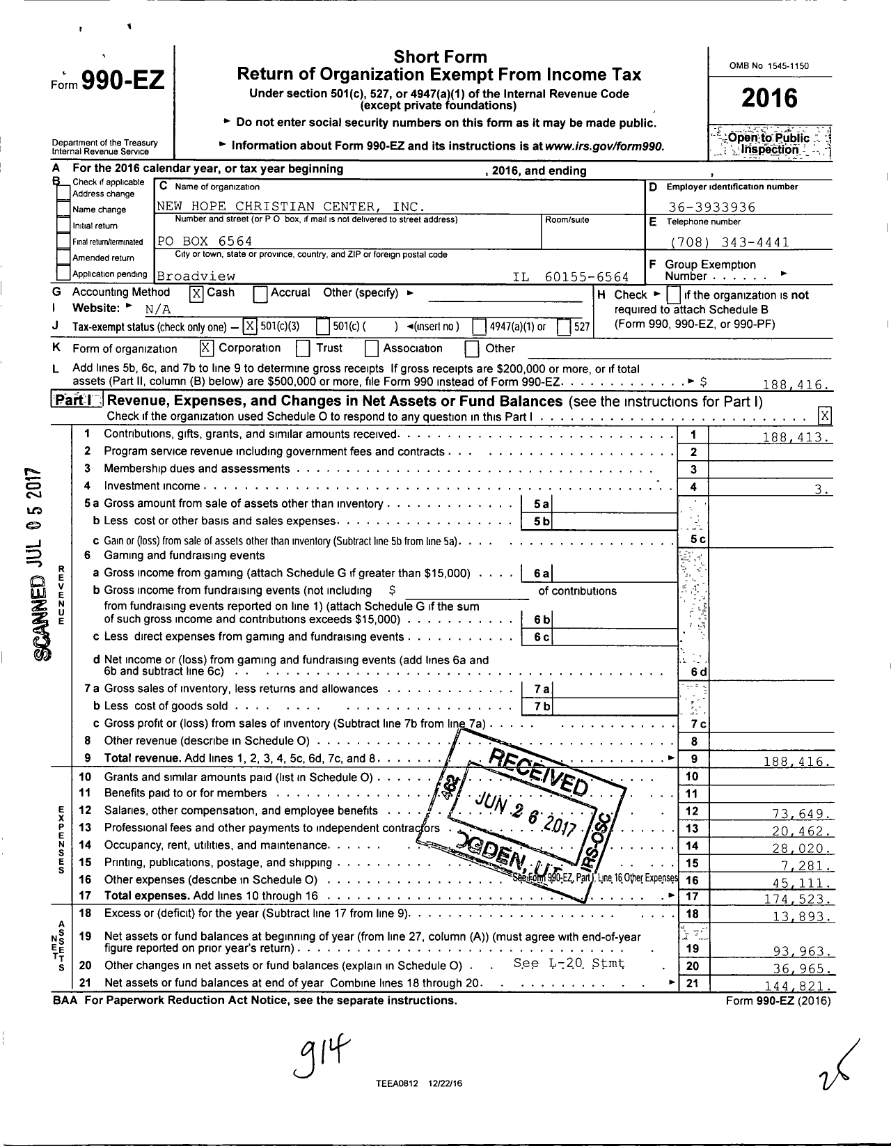 Image of first page of 2016 Form 990EZ for New Hope Christian Center