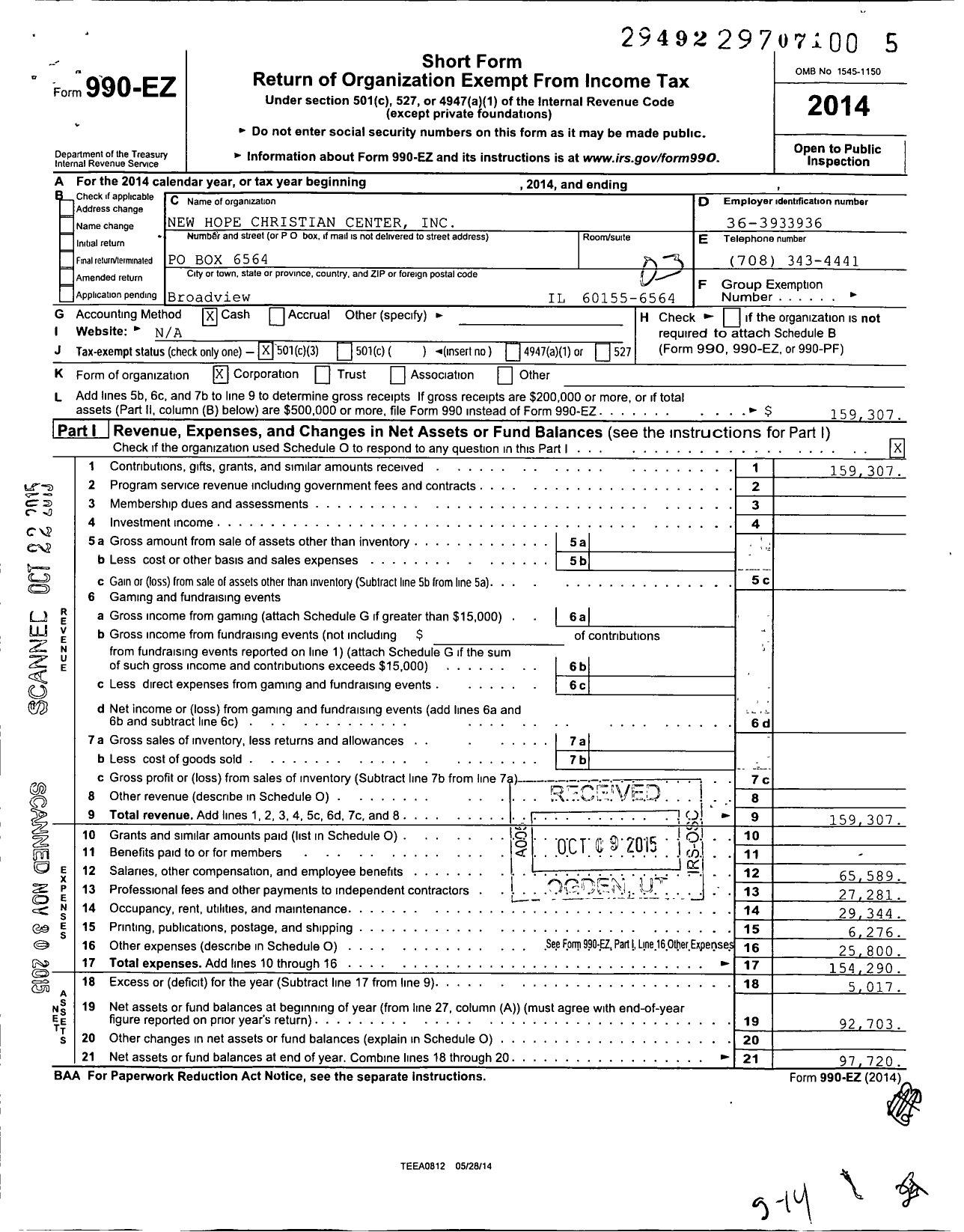 Image of first page of 2014 Form 990EZ for New Hope Christian Center