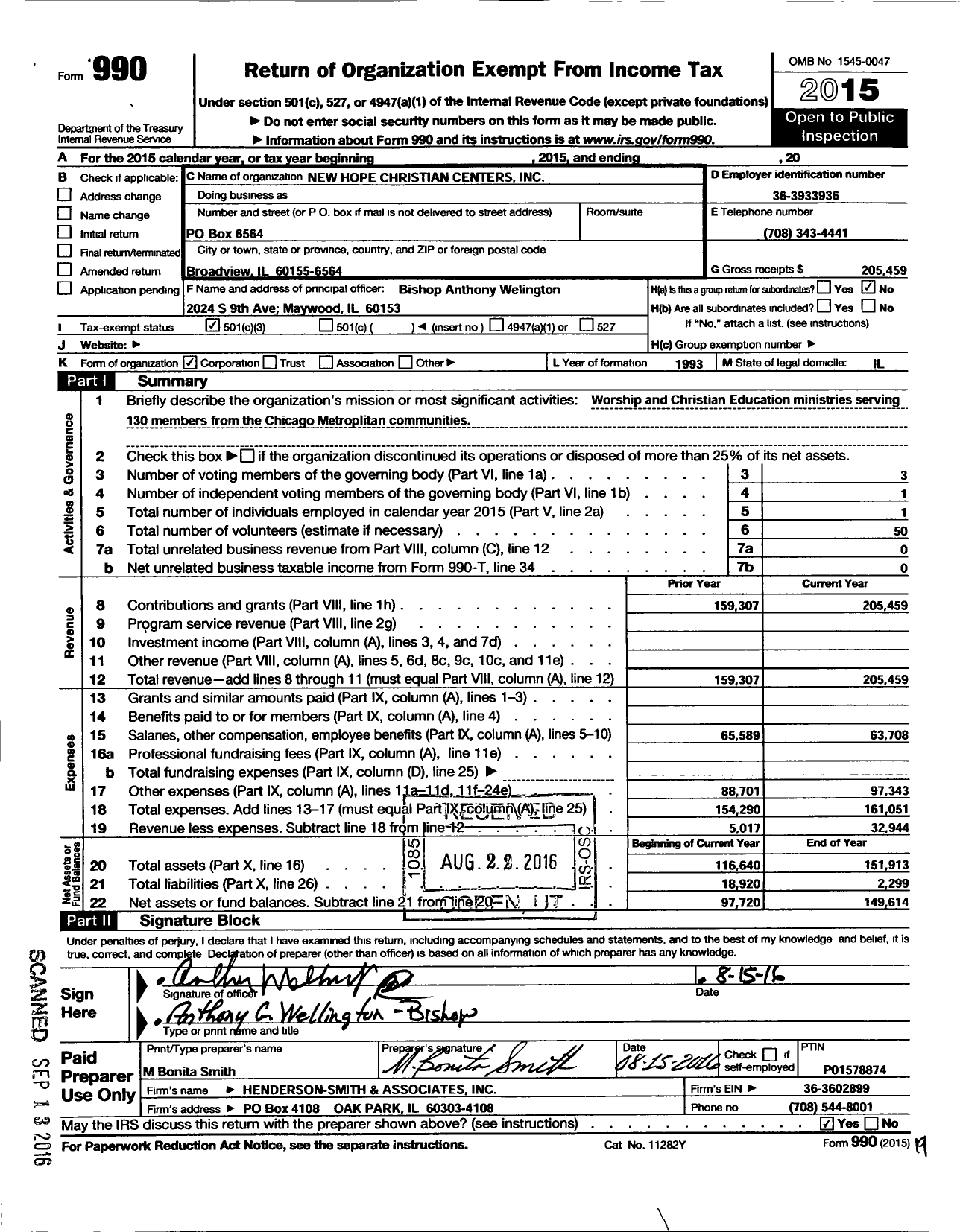 Image of first page of 2015 Form 990 for New Hope Christian Center