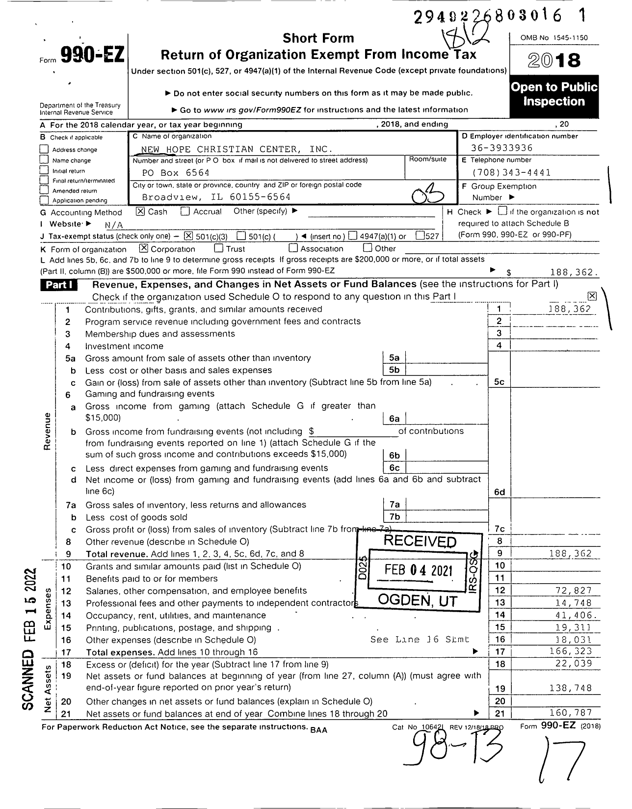 Image of first page of 2018 Form 990EZ for New Hope Christian Center