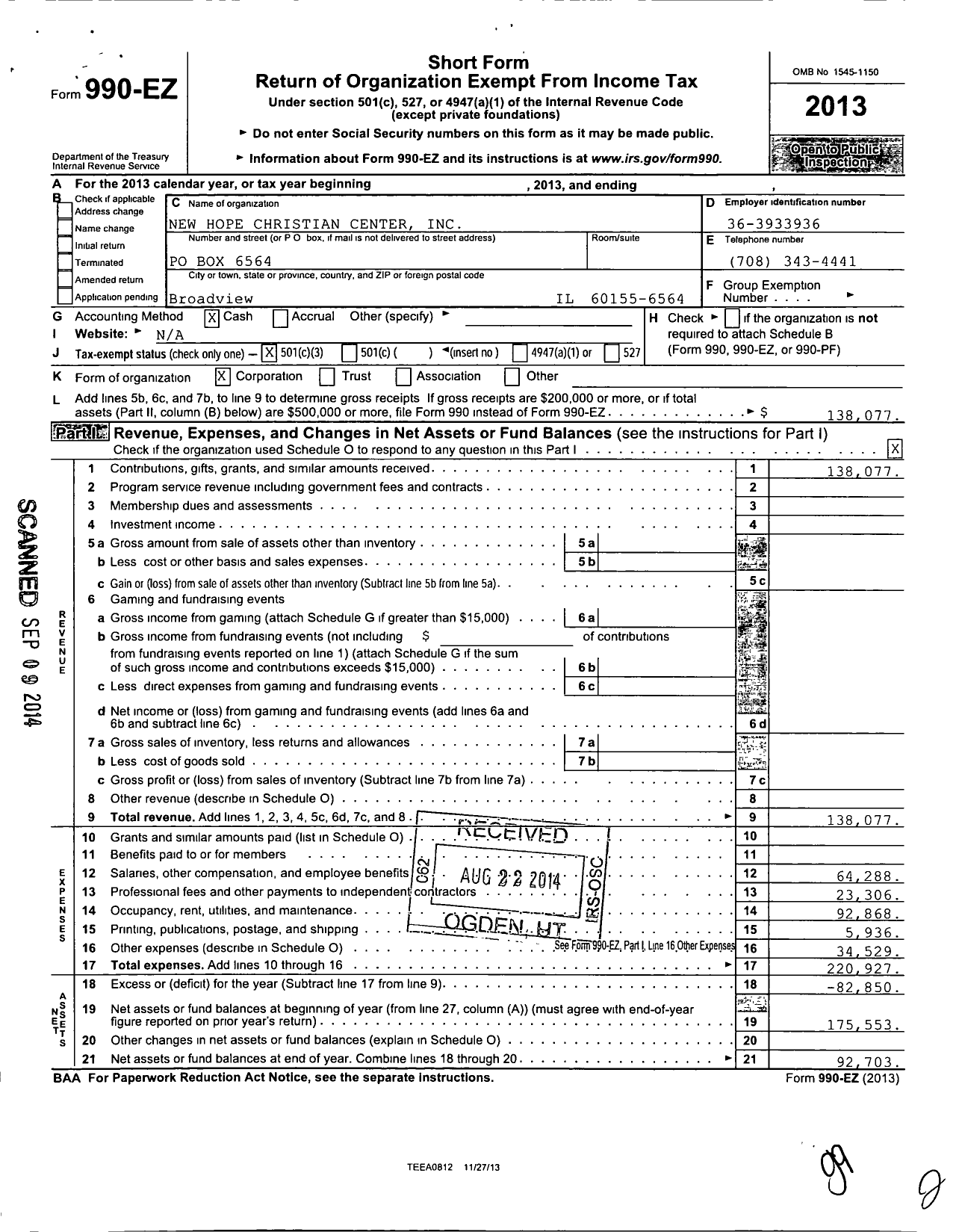 Image of first page of 2013 Form 990EZ for New Hope Christian Center