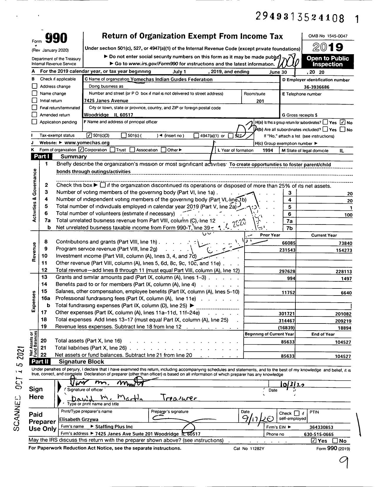 Image of first page of 2019 Form 990 for Yomechas Indian Guide Federation