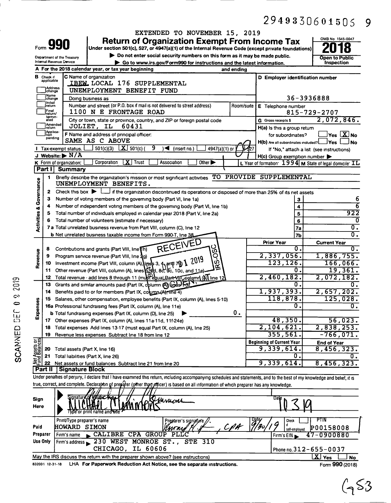 Image of first page of 2018 Form 990O for IBEW Local 176 Supplemental Unemployment Benefit Fund