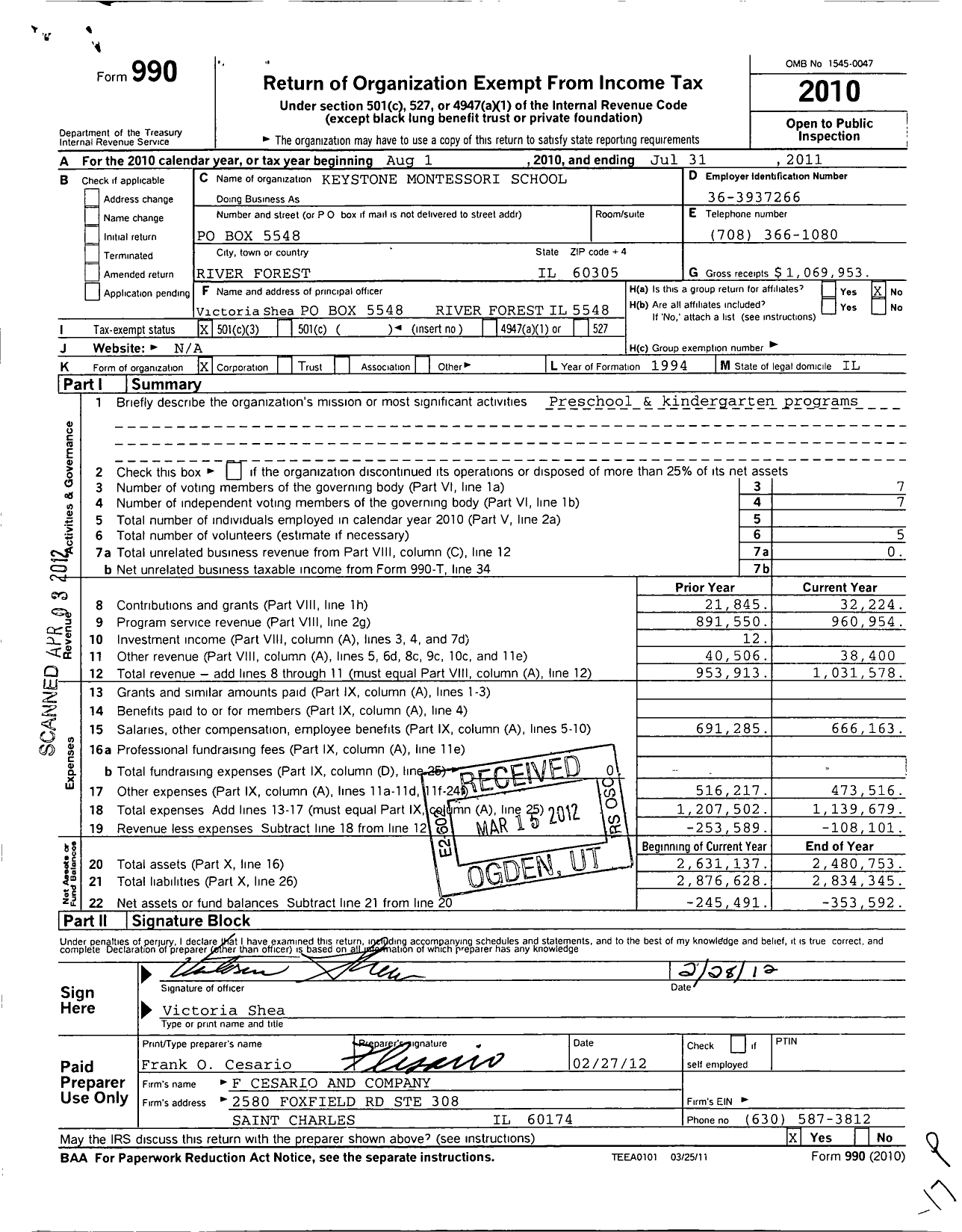 Image of first page of 2010 Form 990 for Keystone Montessori School
