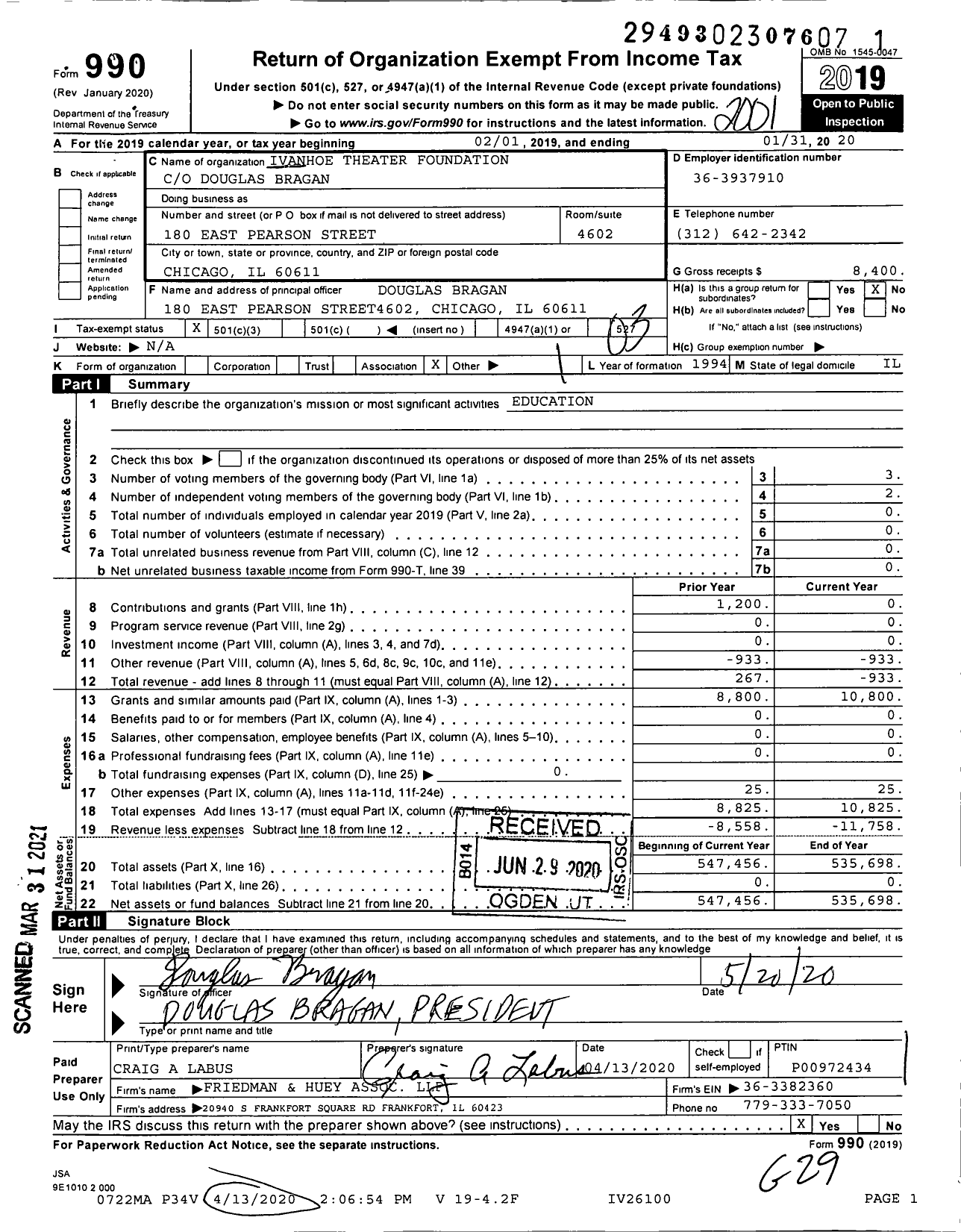 Image of first page of 2019 Form 990 for Ivanhoe Theater Foundation