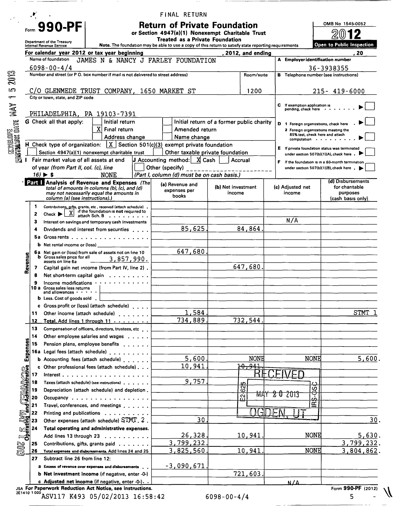 Image of first page of 2012 Form 990PF for James N and Nancy J Farley Foundation