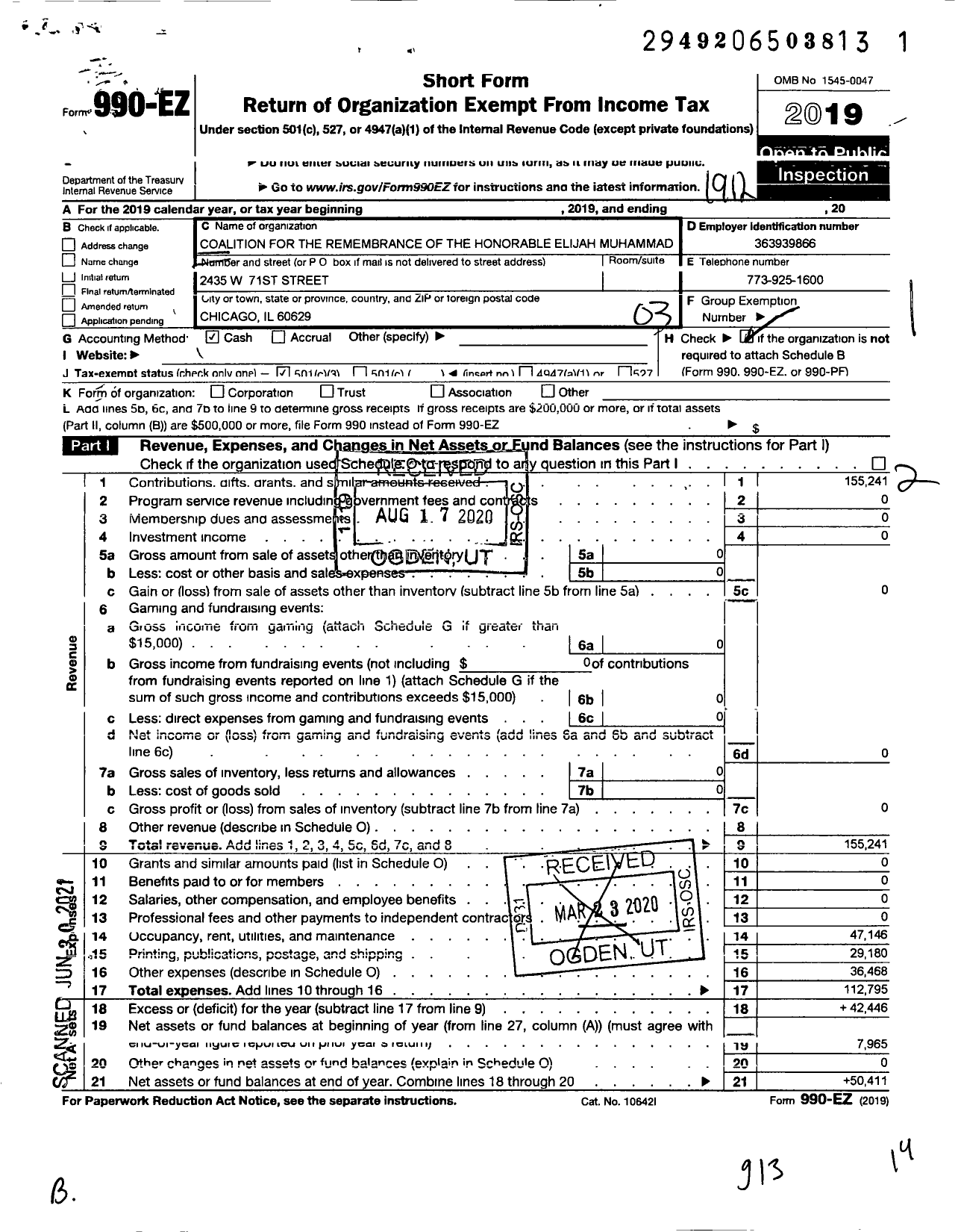 Image of first page of 2019 Form 990EZ for Coalition for the Remembrance of Elijah Muhammad