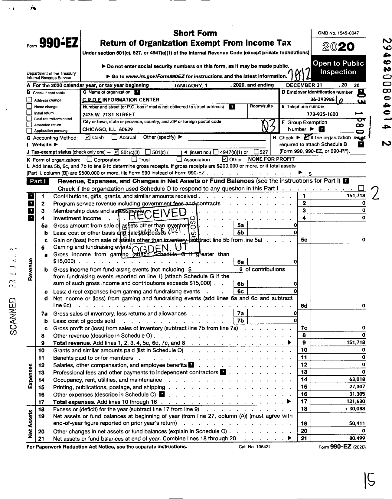 Image of first page of 2020 Form 990EZ for Coalition for the Remembrance of Elijah Muhammad